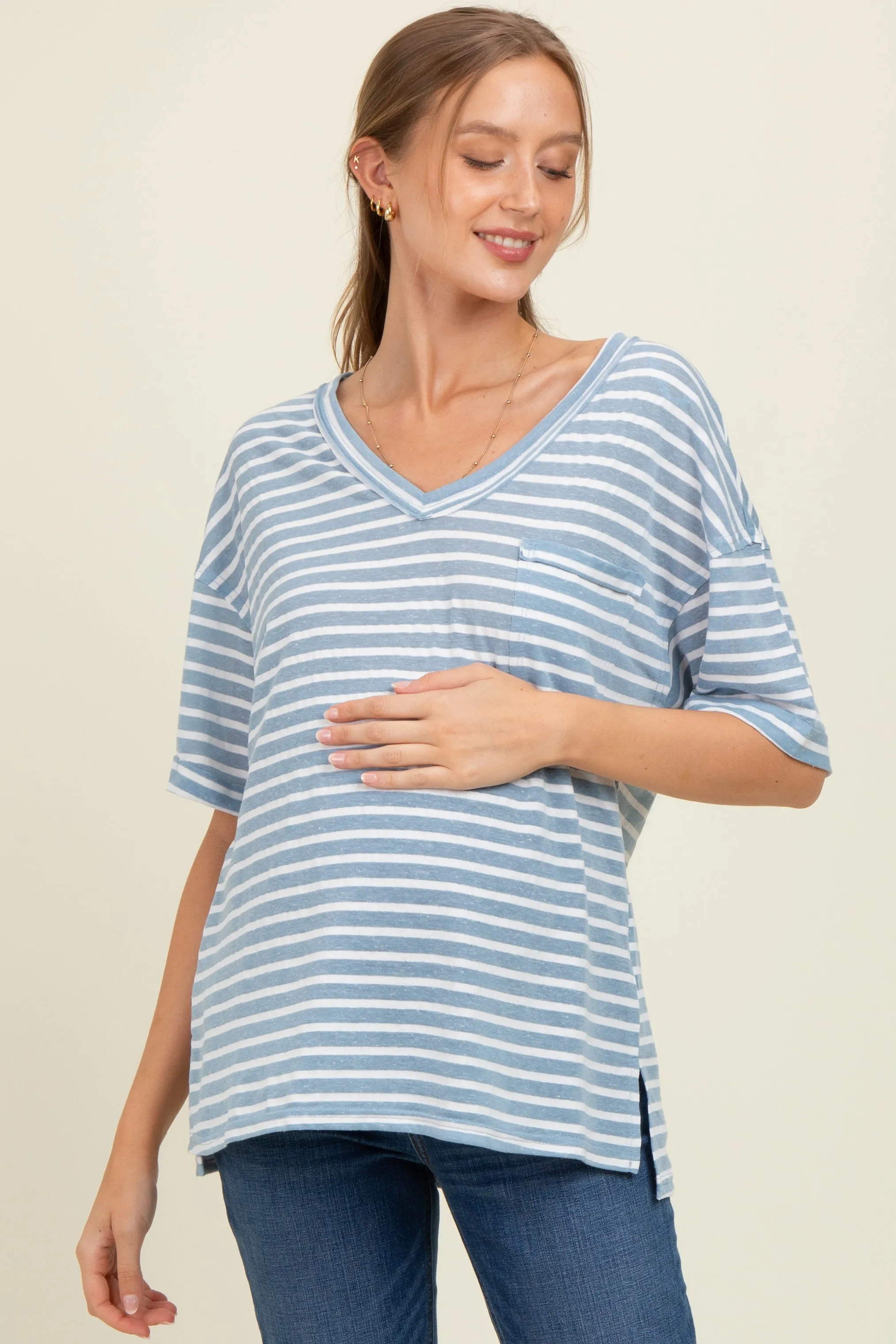 Blue Striped Oversized V-Neck Front Pocket Maternity T-Shirt sold by Pinkblush