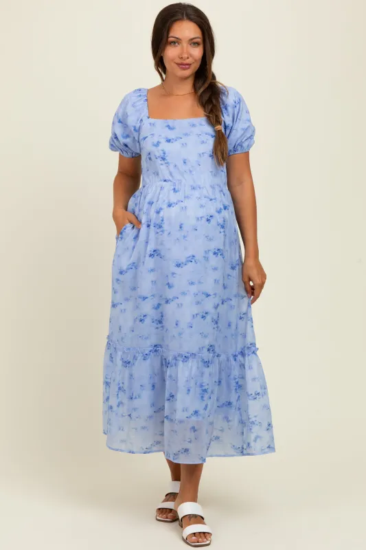 Blue Abstract Puff Sleeve Ruffle Detail Maternity Midi Dress sold by Pinkblush