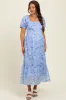Blue Abstract Puff Sleeve Ruffle Detail Maternity Midi Dress sold by Pinkblush
