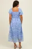 Blue Abstract Puff Sleeve Ruffle Detail Maternity Midi Dress sold by Pinkblush