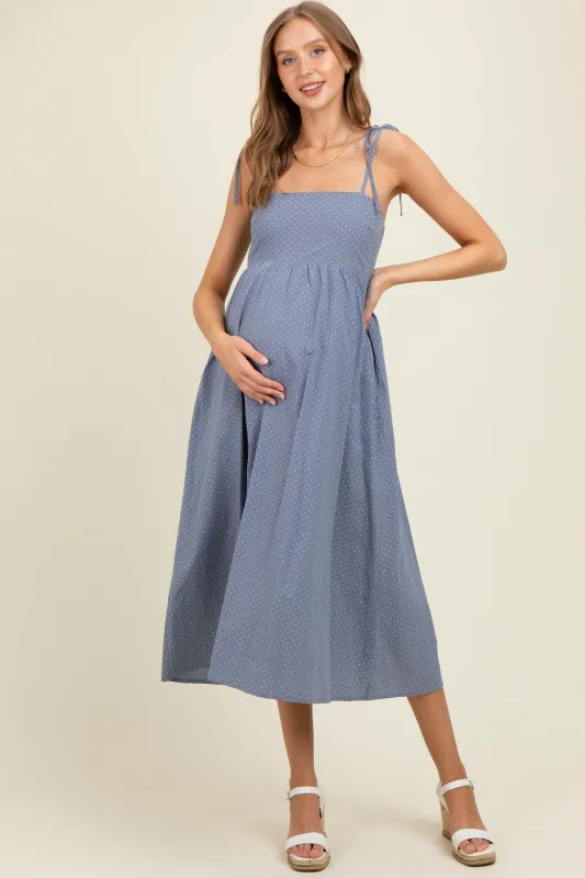 Blue Polka Dot Shoulder Tie Maternity Midi Dress sold by Pinkblush
