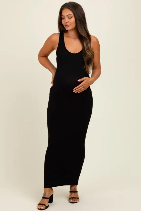 Black Scoop Neck Sleeveless Rayon Rib Maternity Maxi Knit Dress sold by Pinkblush
