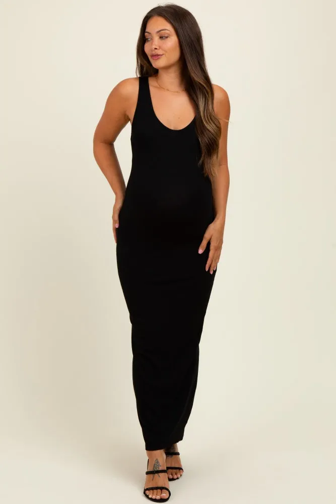 Black Scoop Neck Sleeveless Rayon Rib Maternity Maxi Knit Dress sold by Pinkblush product image thumbnail 2