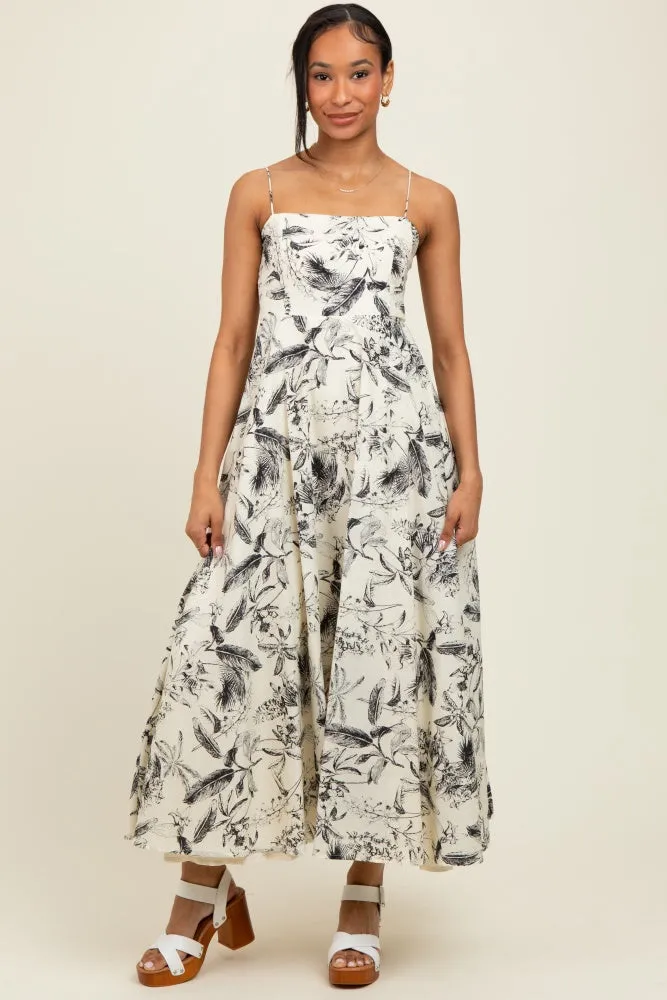 Cream Spaghetti Strap Printed A-Line Midi Dress sold by Pinkblush