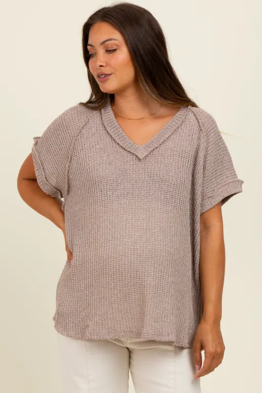 Mocha Short Sleeve V-Neck Solid Waffle Knit Maternity Top sold by Pinkblush