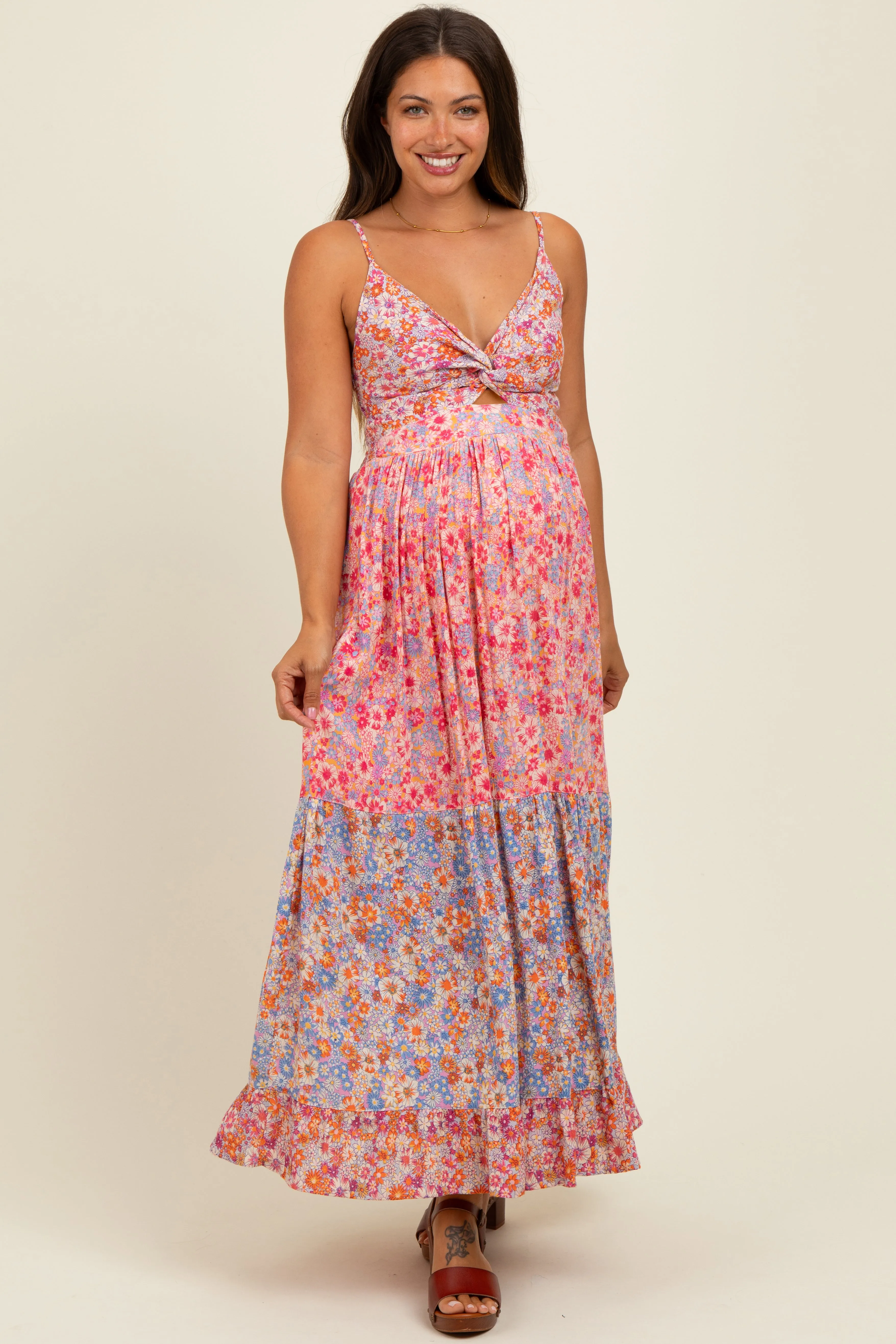 Pink Floral Twist Front Cut Out Tiered Maternity Maxi Dress sold by Pinkblush
