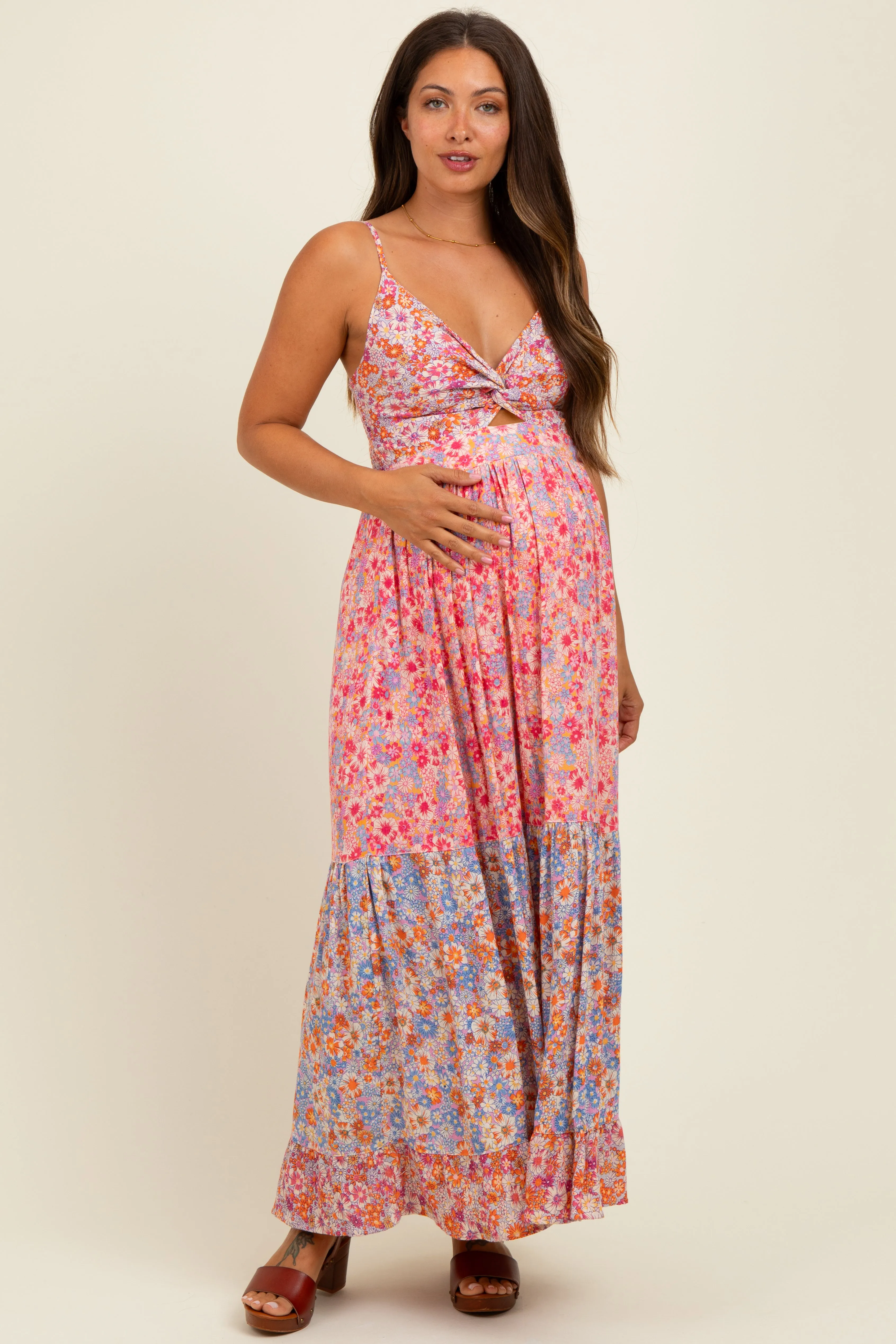 Pink Floral Twist Front Cut Out Tiered Maternity Maxi Dress sold by Pinkblush product image thumbnail 2