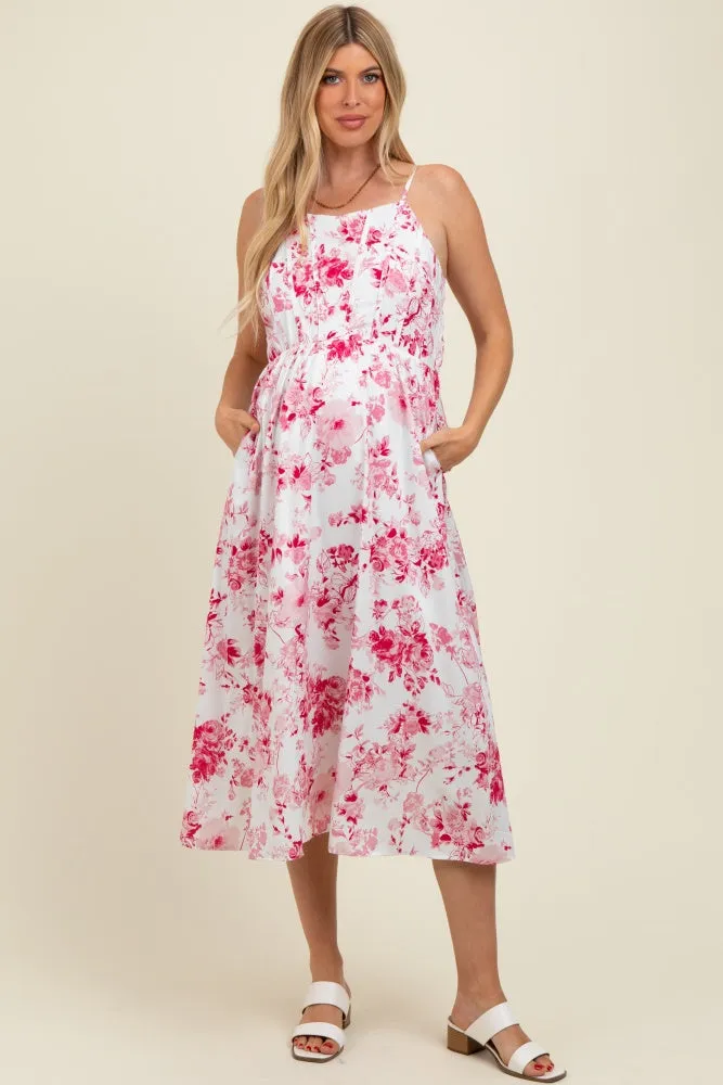Pink Floral Sleeveless Piping Detail Maternity Midi Dress sold by Pinkblush