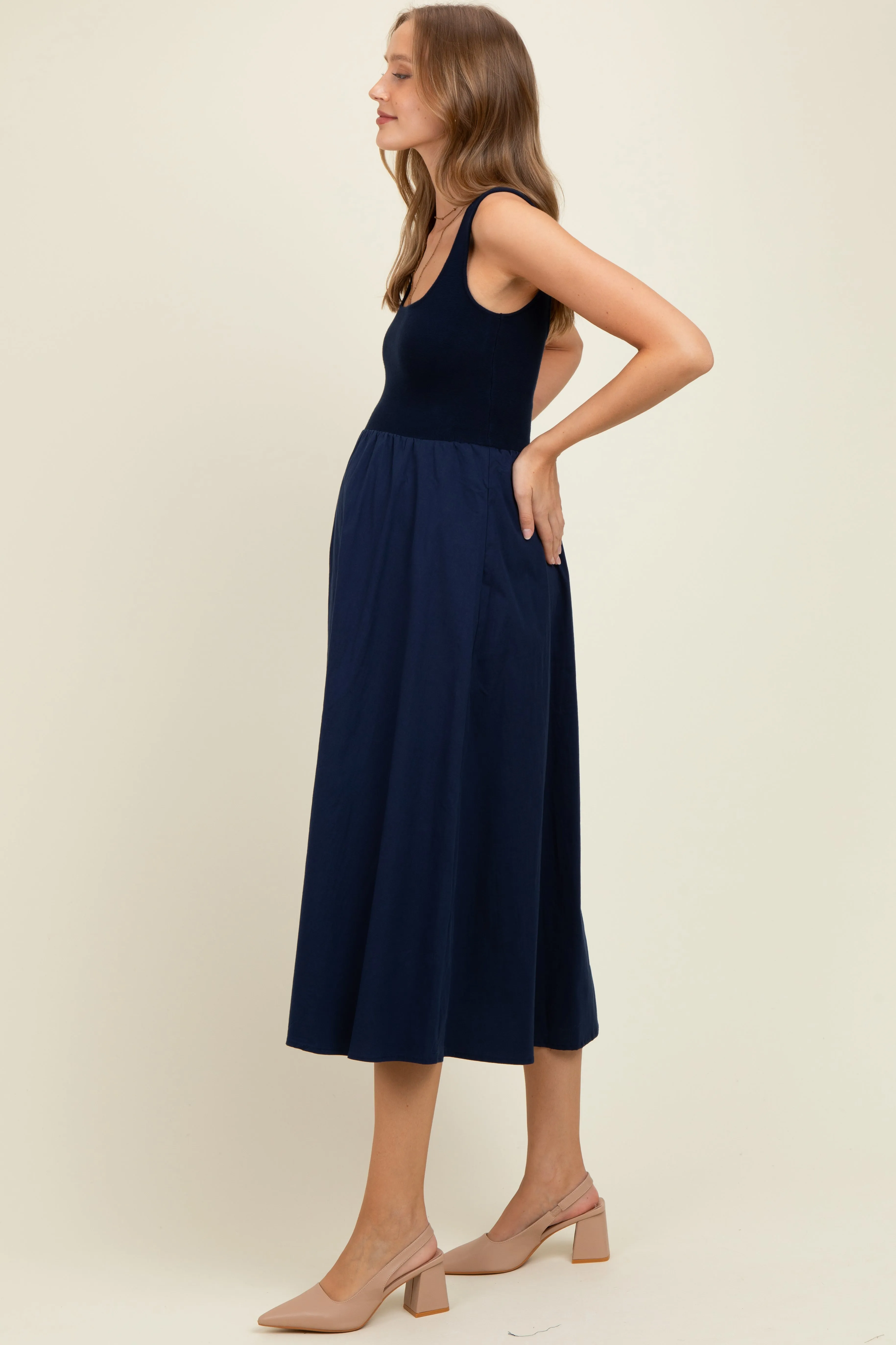 Navy Contrast Knit Poplin Sleeveless Maternity Midi Dress sold by Pinkblush product image thumbnail 3