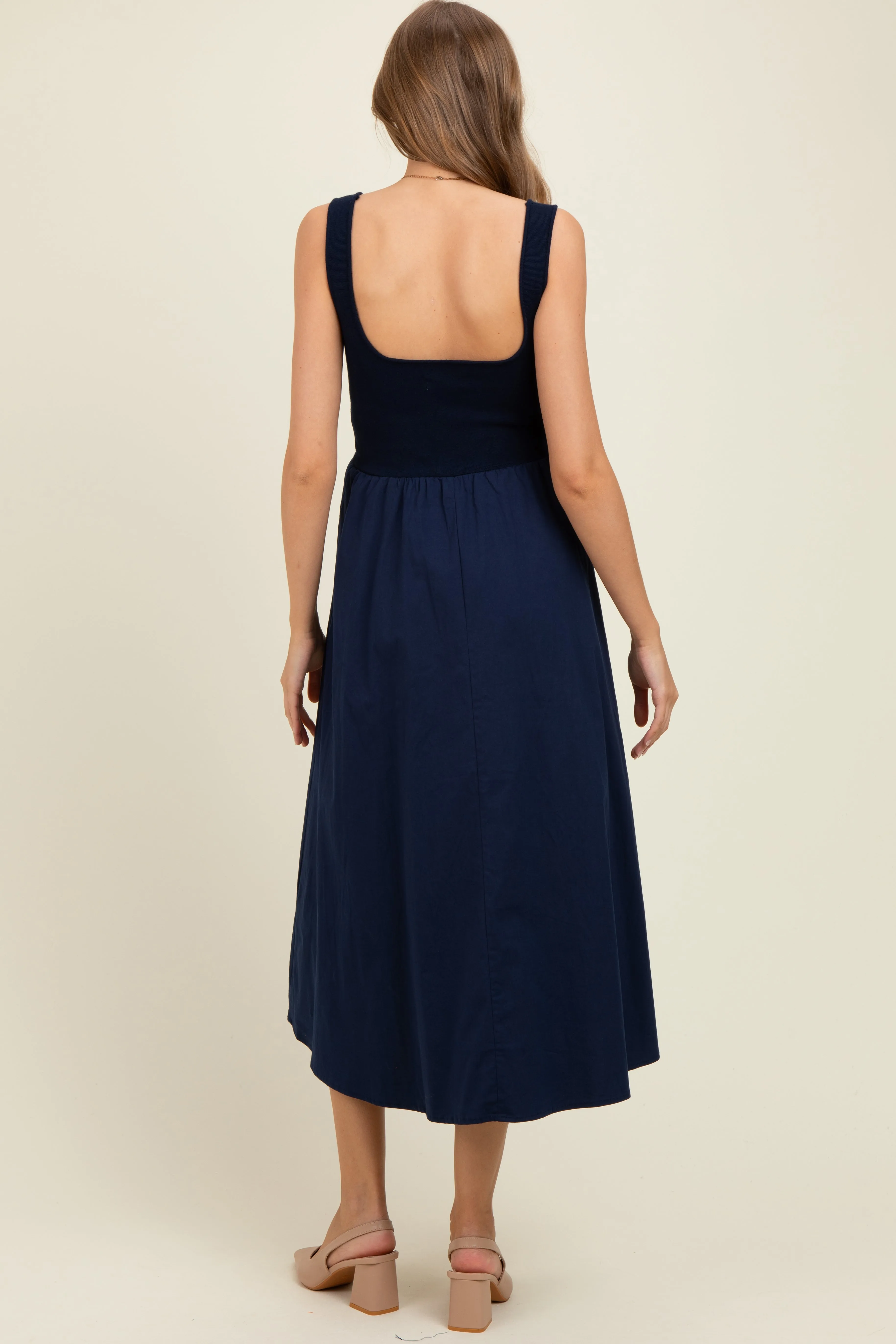 Navy Contrast Knit Poplin Sleeveless Maternity Midi Dress sold by Pinkblush product image thumbnail 4