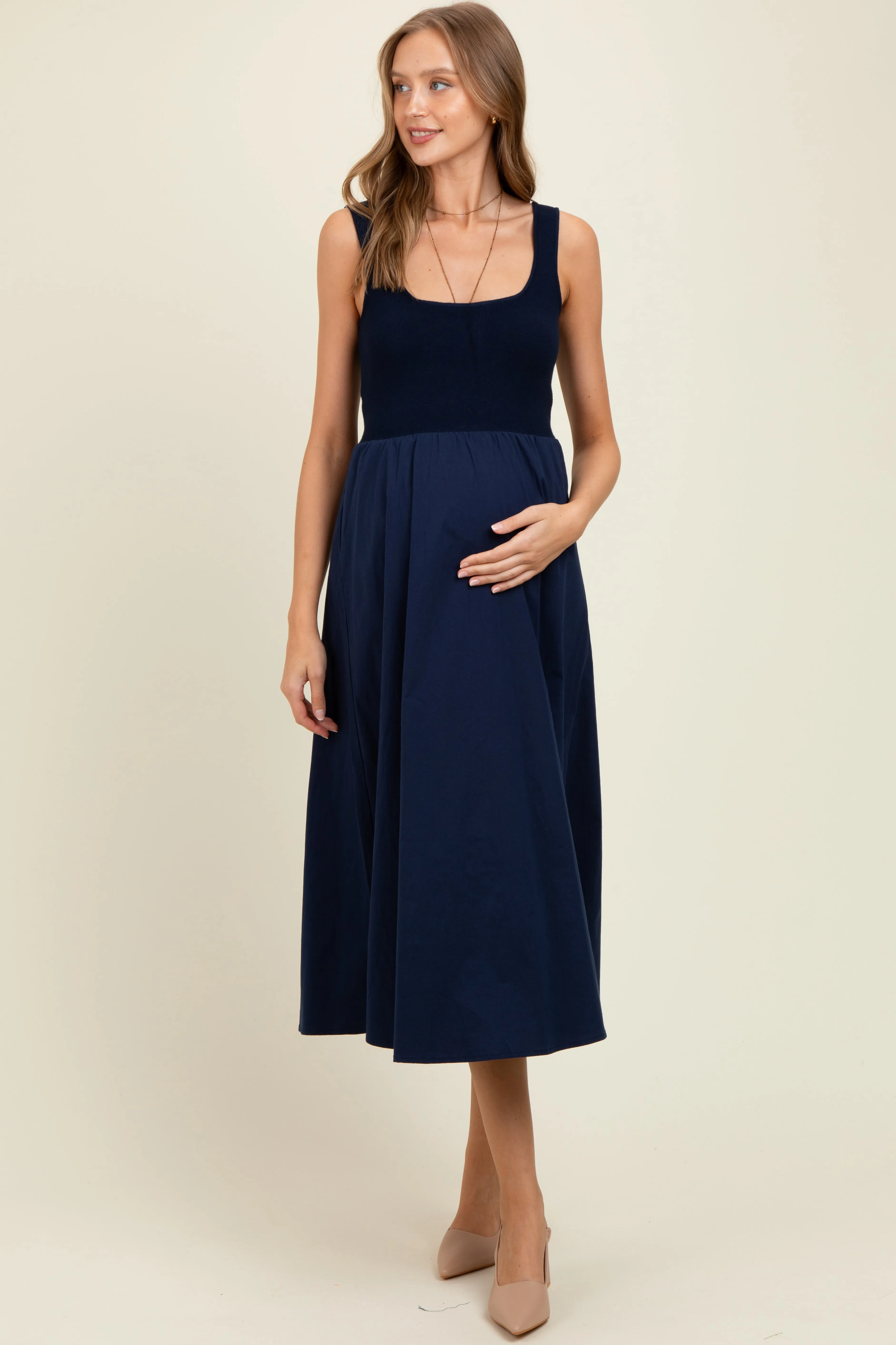 Navy Contrast Knit Poplin Sleeveless Maternity Midi Dress sold by Pinkblush