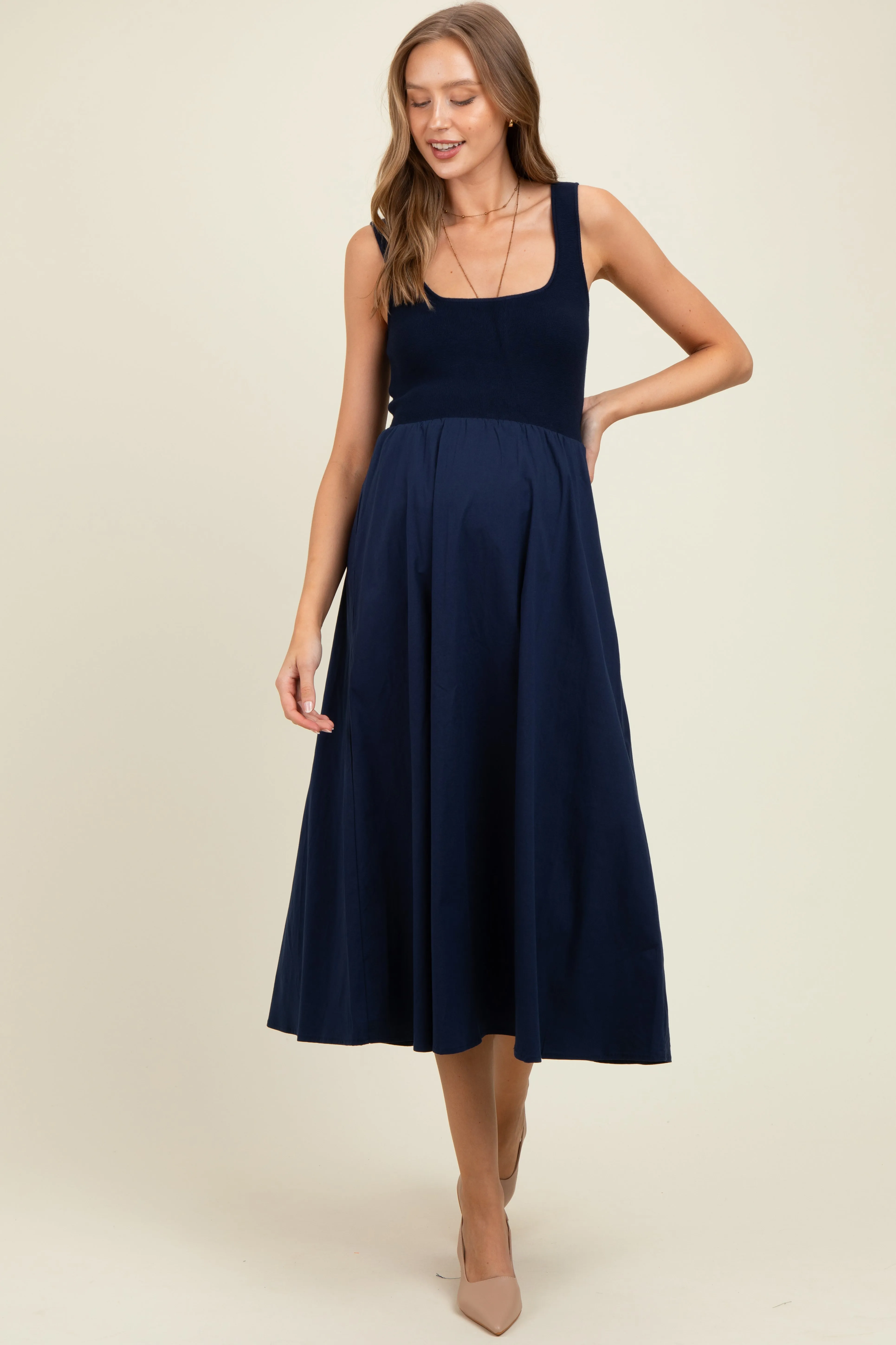Navy Contrast Knit Poplin Sleeveless Maternity Midi Dress sold by Pinkblush product image thumbnail 2