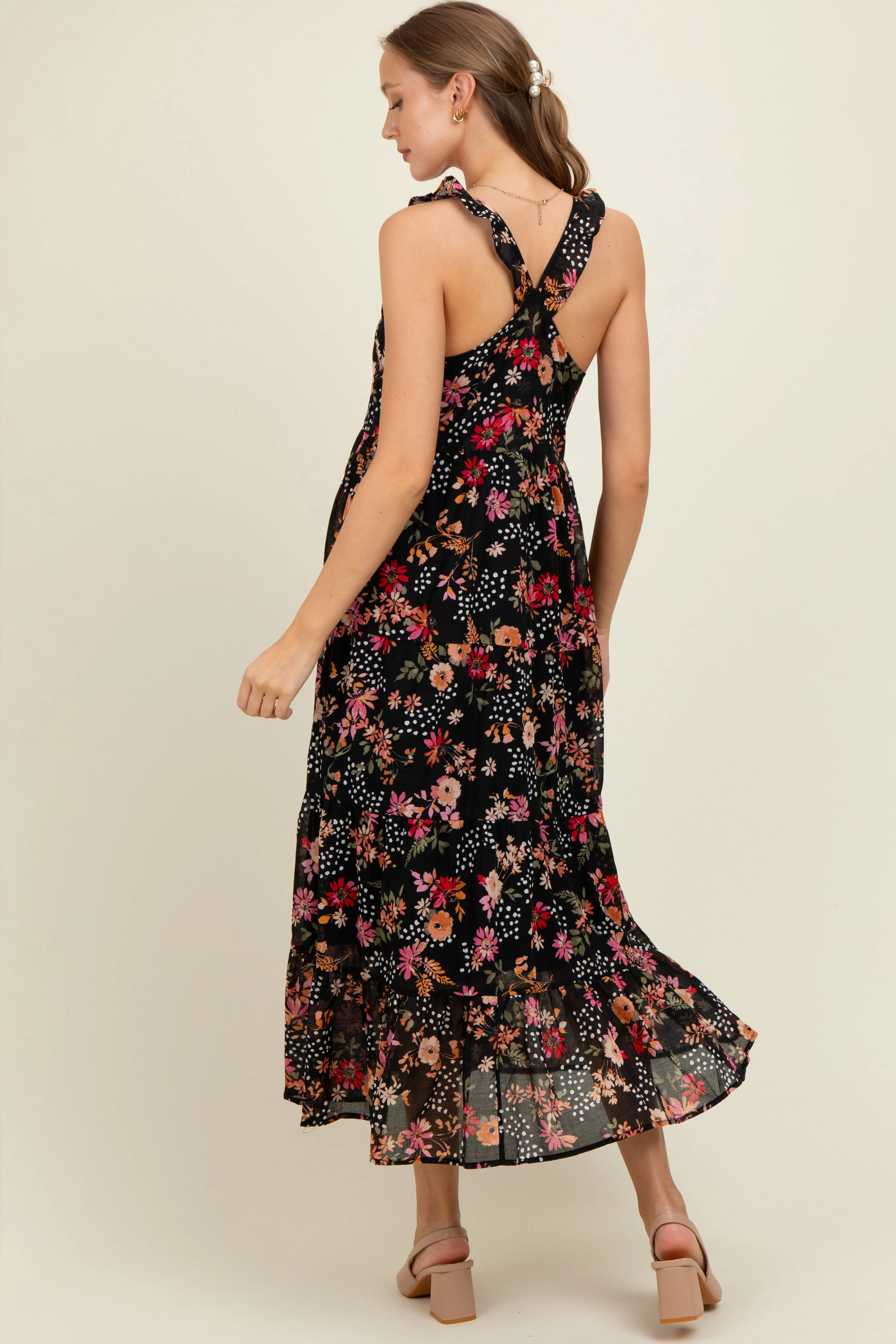 Black Floral Chiffon Button Front Maternity Midi Dress sold by Pinkblush product image thumbnail 4