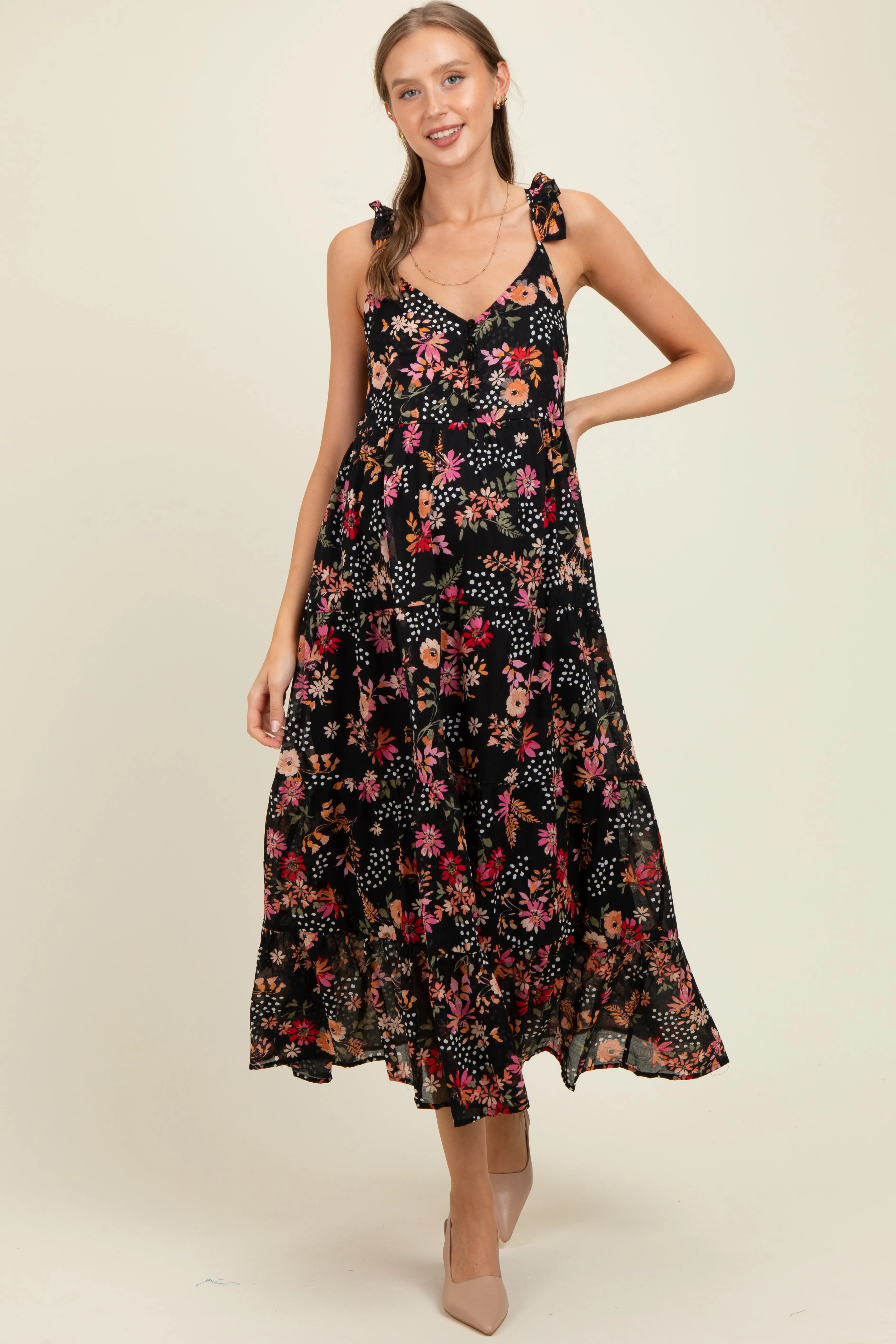 Black Floral Chiffon Button Front Maternity Midi Dress sold by Pinkblush