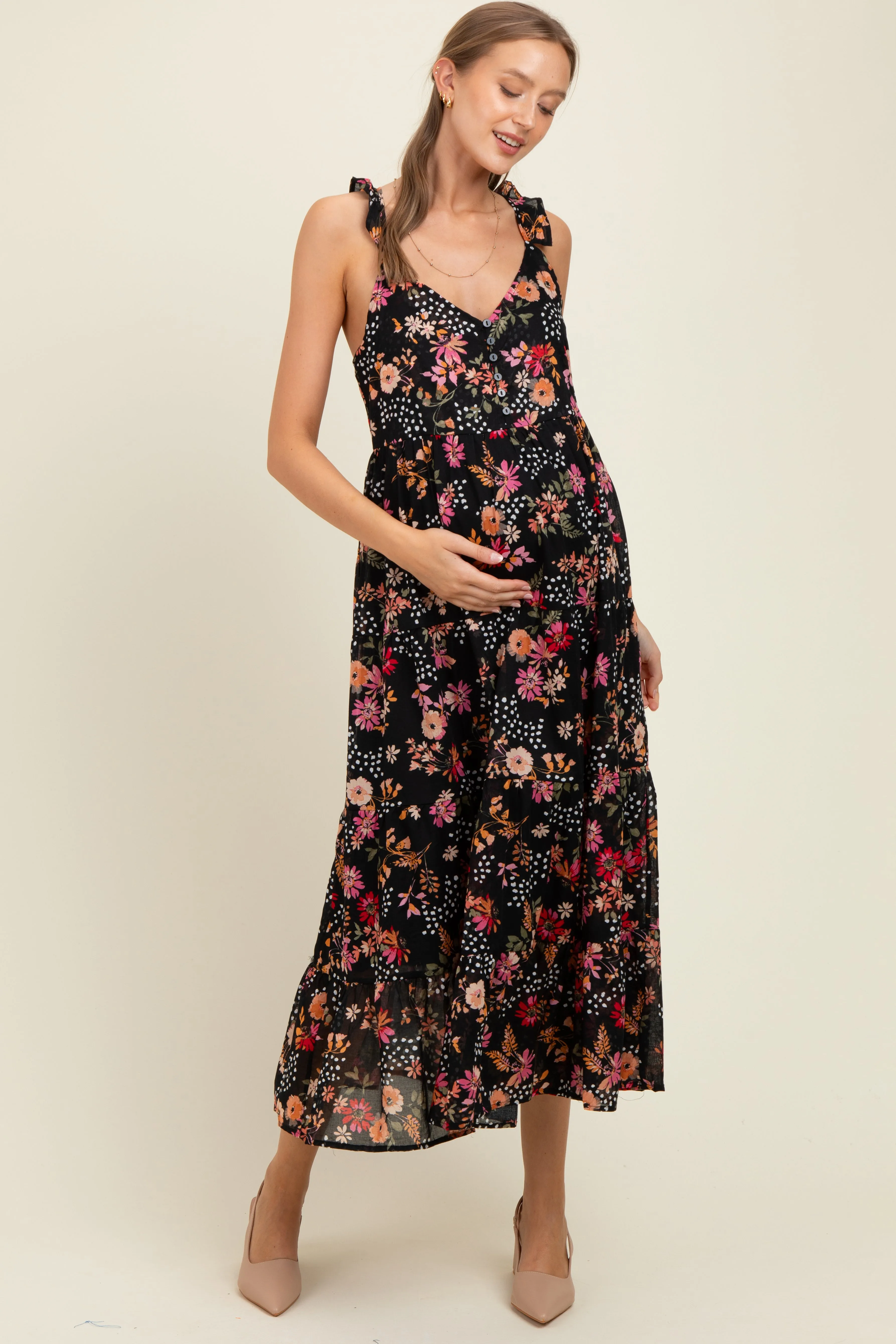 Black Floral Chiffon Button Front Maternity Midi Dress sold by Pinkblush product image thumbnail 2