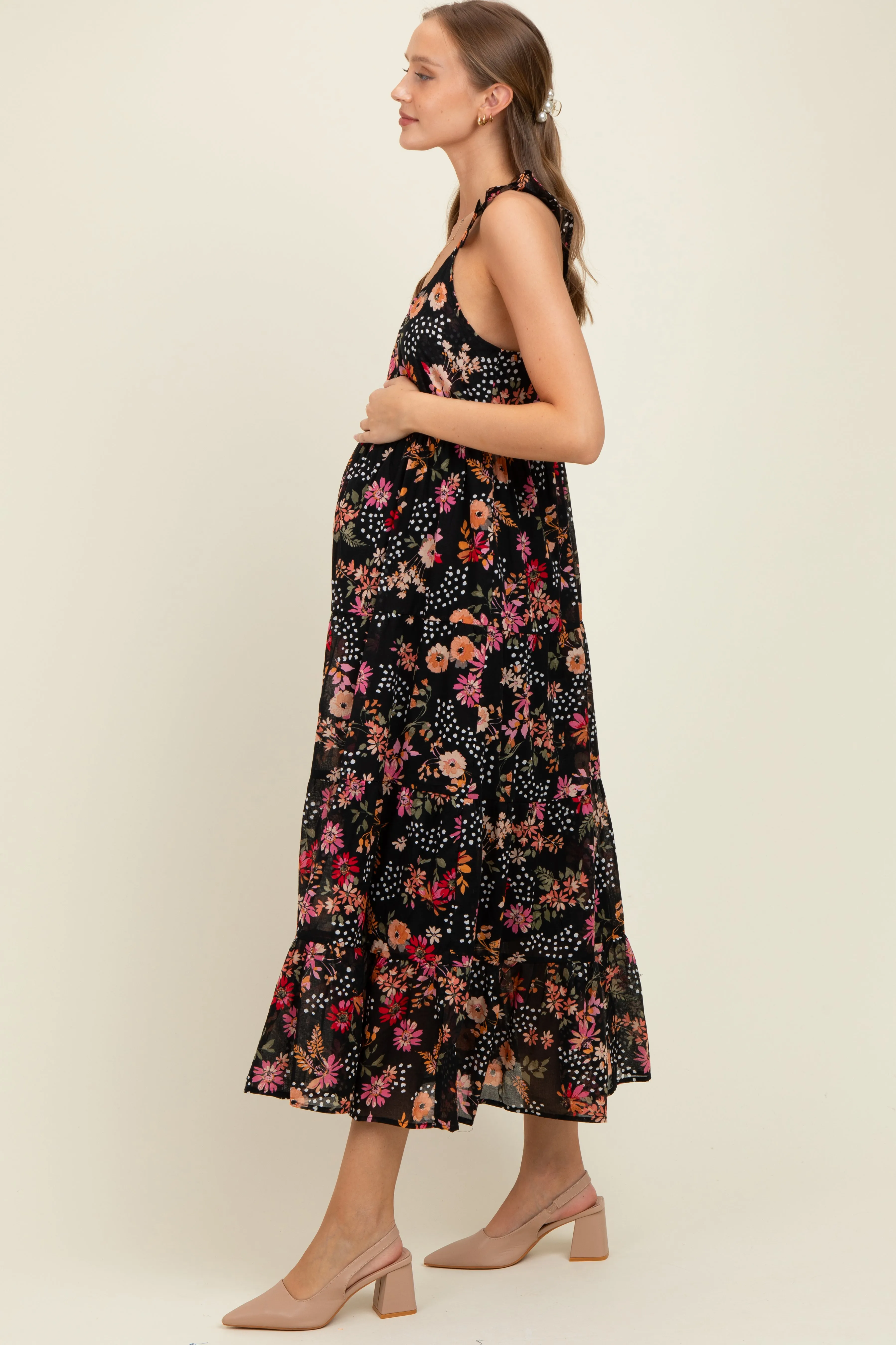 Black Floral Chiffon Button Front Maternity Midi Dress sold by Pinkblush product image thumbnail 3