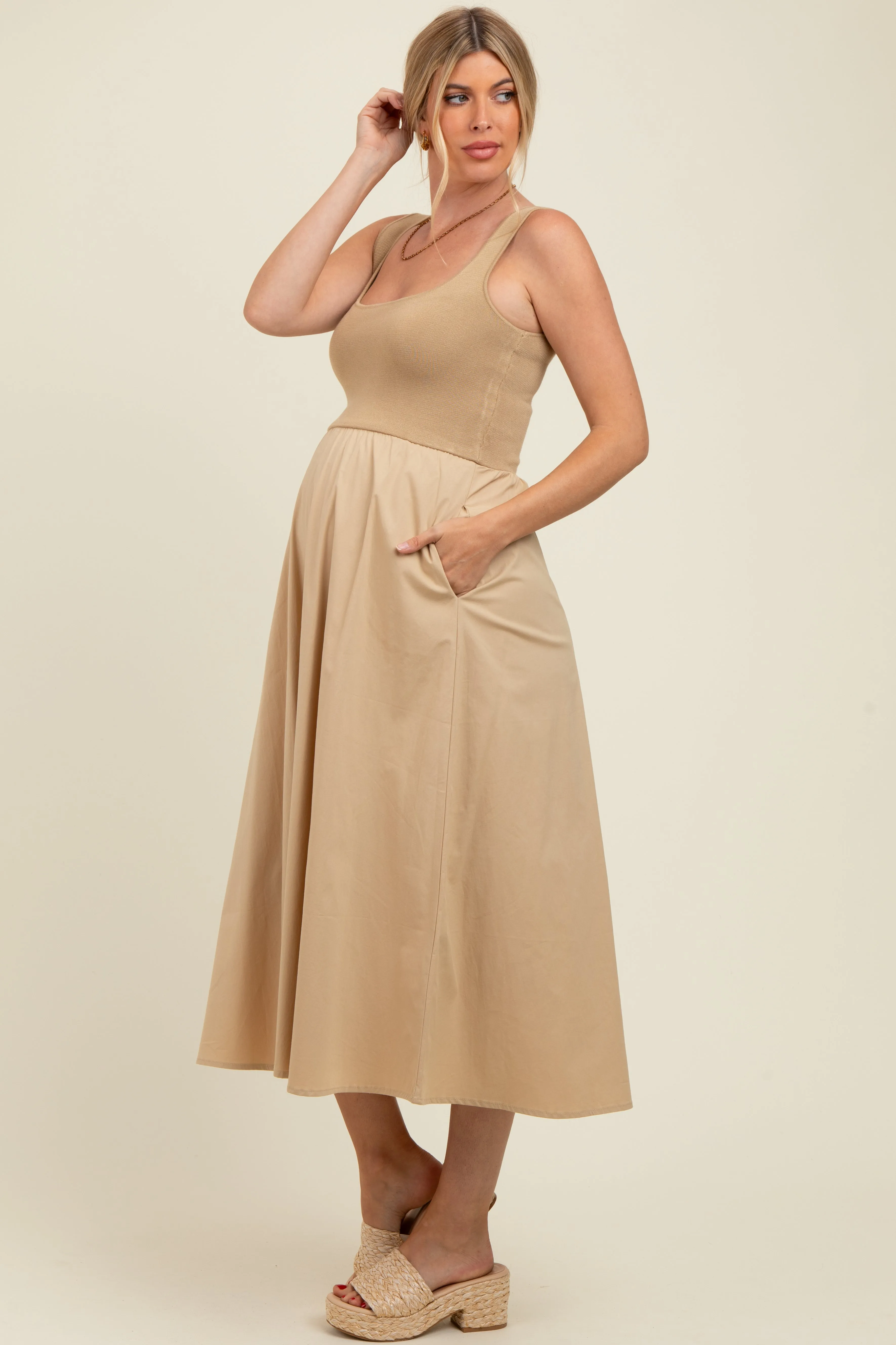 Light Camel Contrast Knit Poplin Sleeveless Maternity Midi Dress sold by Pinkblush product image thumbnail 2