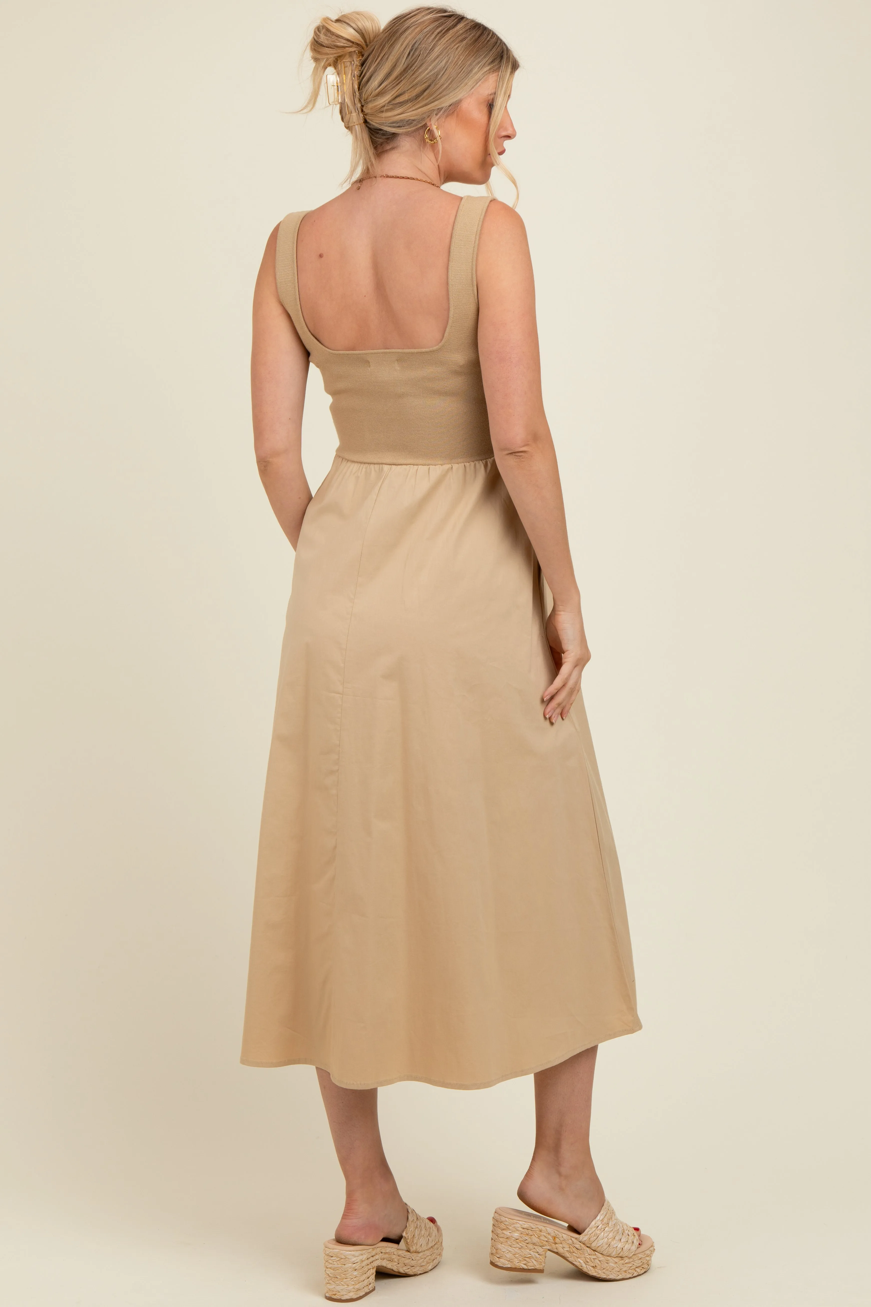 Light Camel Contrast Knit Poplin Sleeveless Maternity Midi Dress sold by Pinkblush product image thumbnail 3
