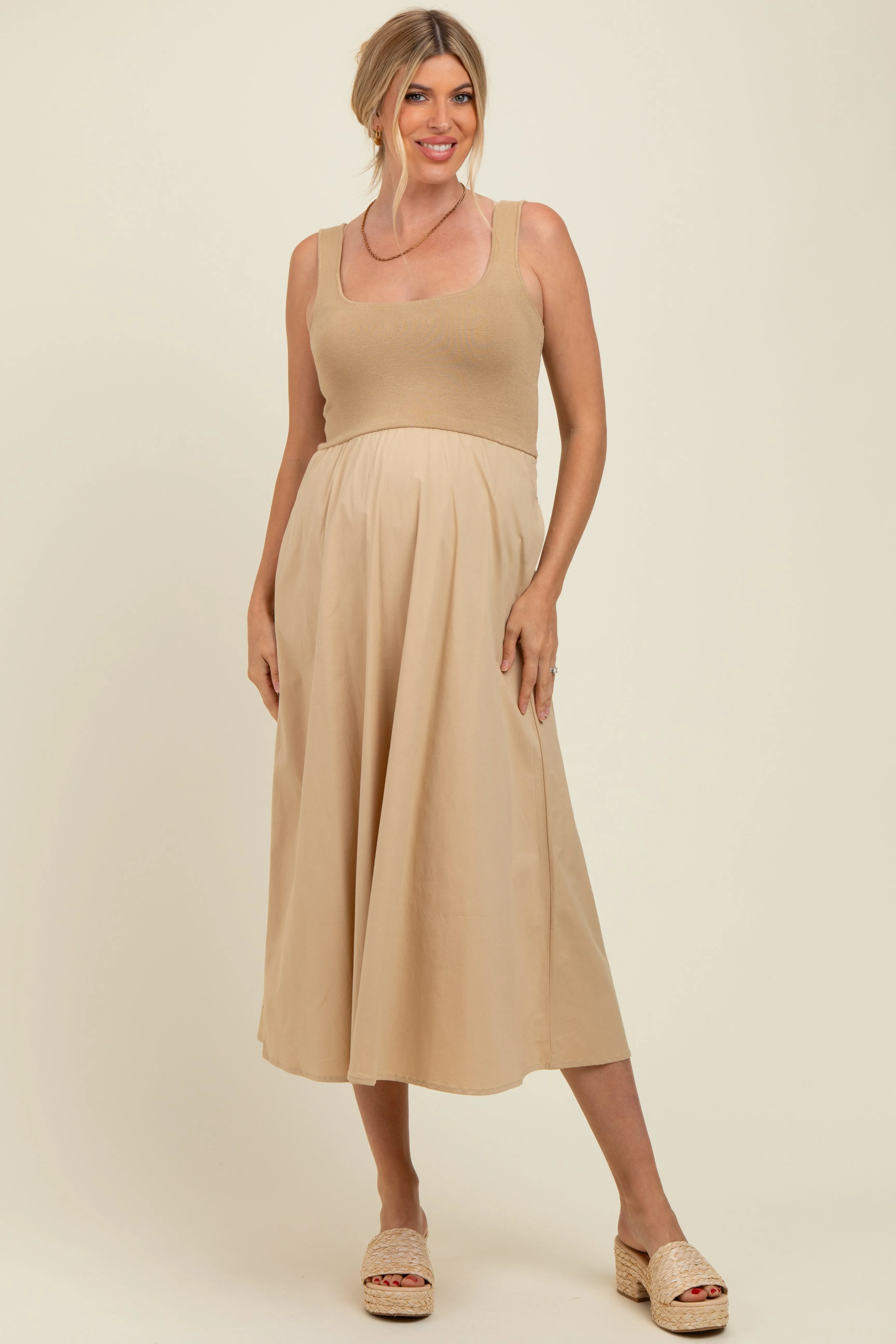 Light Camel Contrast Knit Poplin Sleeveless Maternity Midi Dress sold by Pinkblush