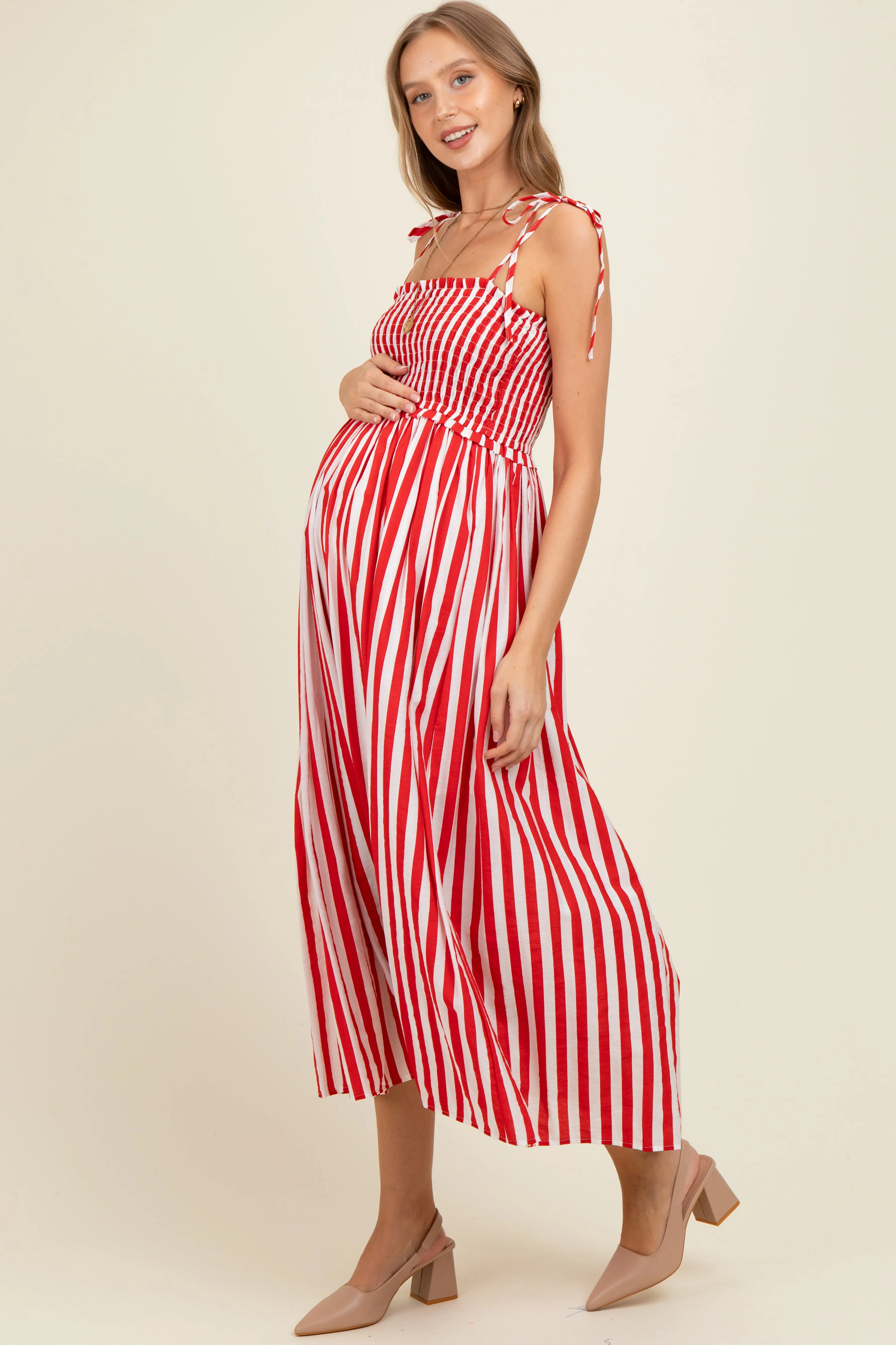 Red Striped Smocked Shoulder Tie Maternity Midi Dress sold by Pinkblush product image thumbnail 3