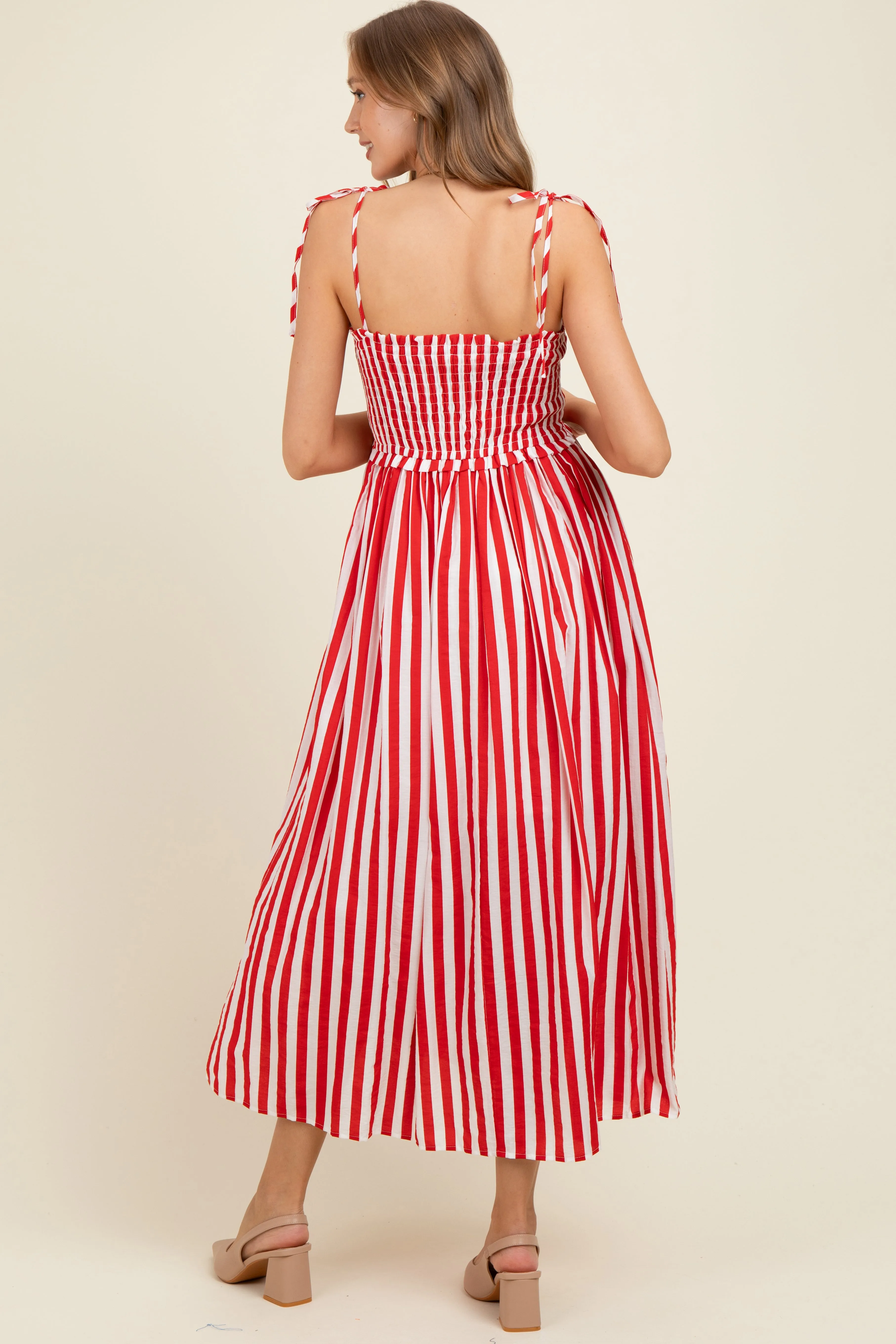 Red Striped Smocked Shoulder Tie Maternity Midi Dress sold by Pinkblush product image thumbnail 4