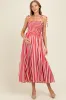 Red Striped Smocked Shoulder Tie Maternity Midi Dress sold by Pinkblush