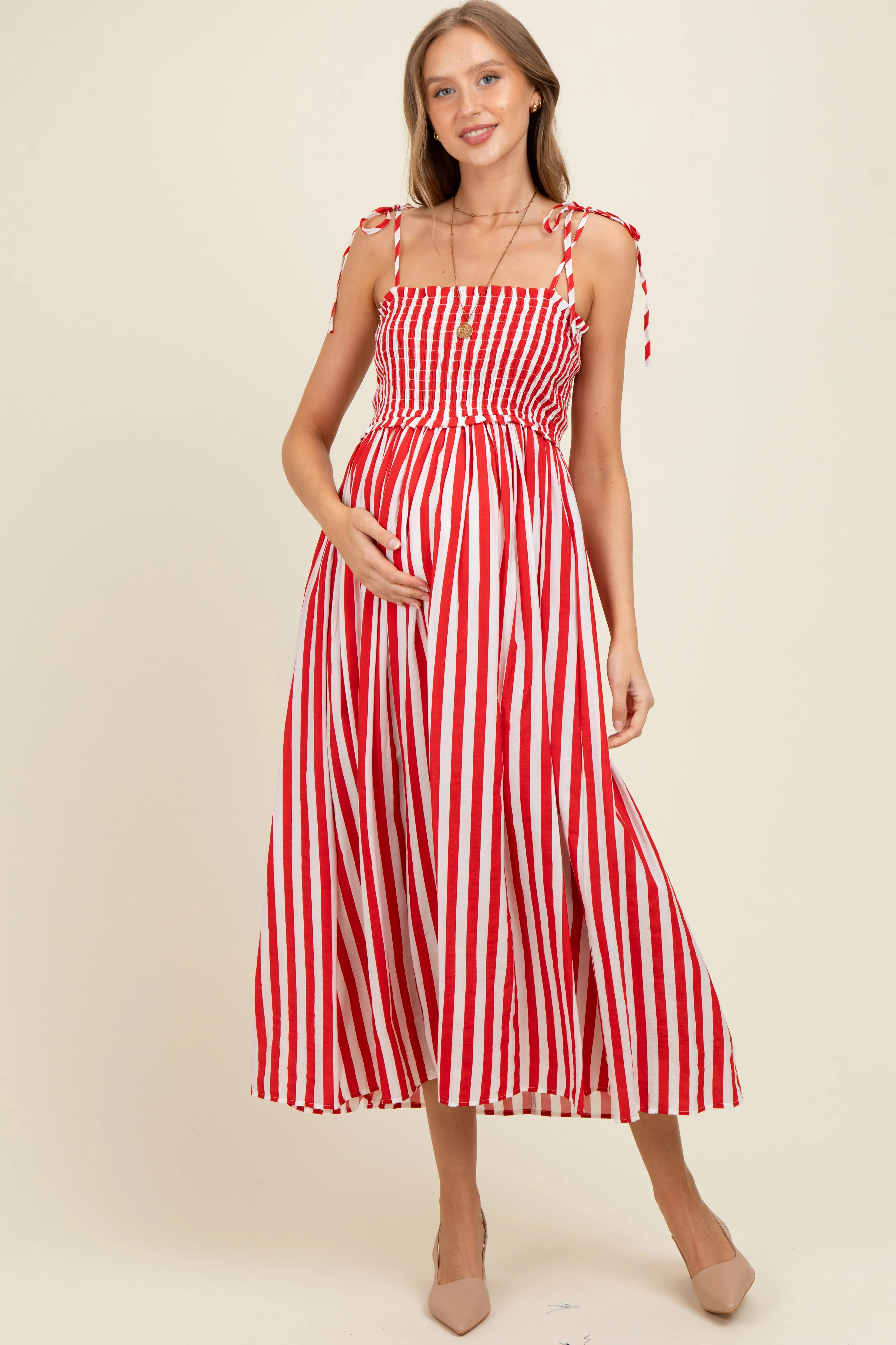 Red Striped Smocked Shoulder Tie Maternity Midi Dress sold by Pinkblush