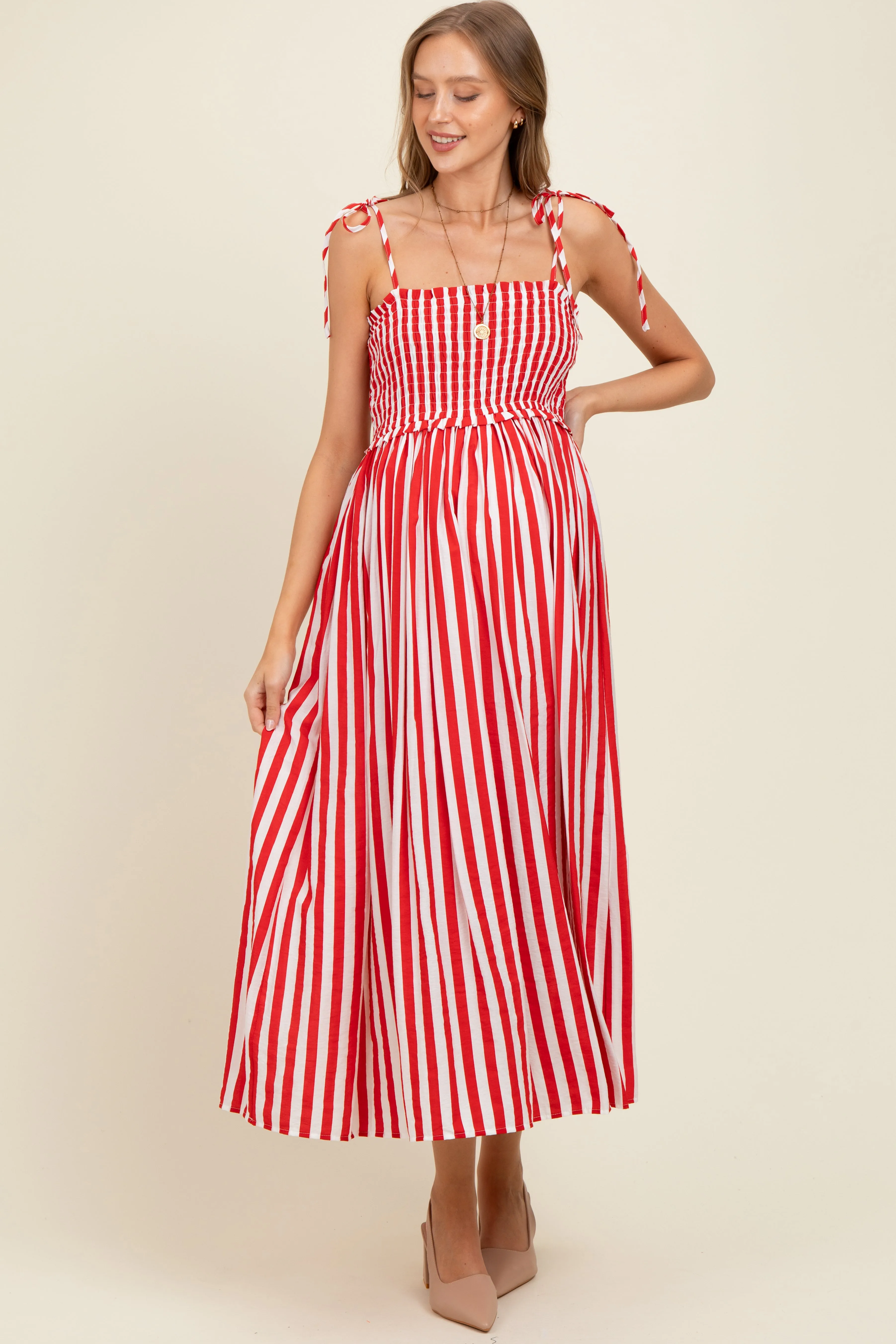 Red Striped Smocked Shoulder Tie Maternity Midi Dress sold by Pinkblush product image thumbnail 2