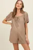 Mocha Button Up Front Tie Puff Sleeve Maternity Romper sold by Pinkblush