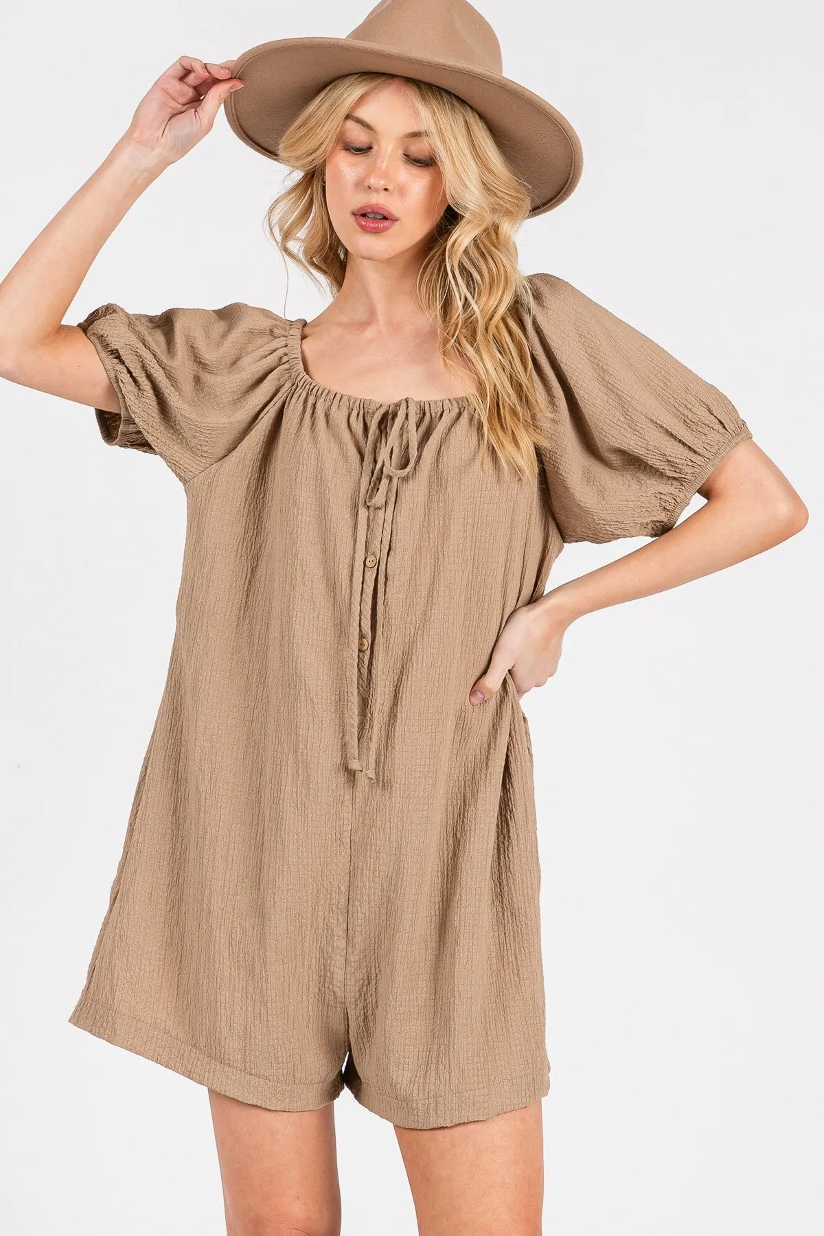 Mocha Button Up Front Tie Puff Sleeve Maternity Romper sold by Pinkblush product image thumbnail 5