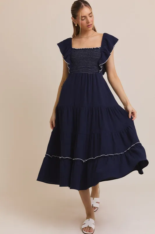Navy Smocked Ruffle Sleeve Midi Dress sold by Pinkblush