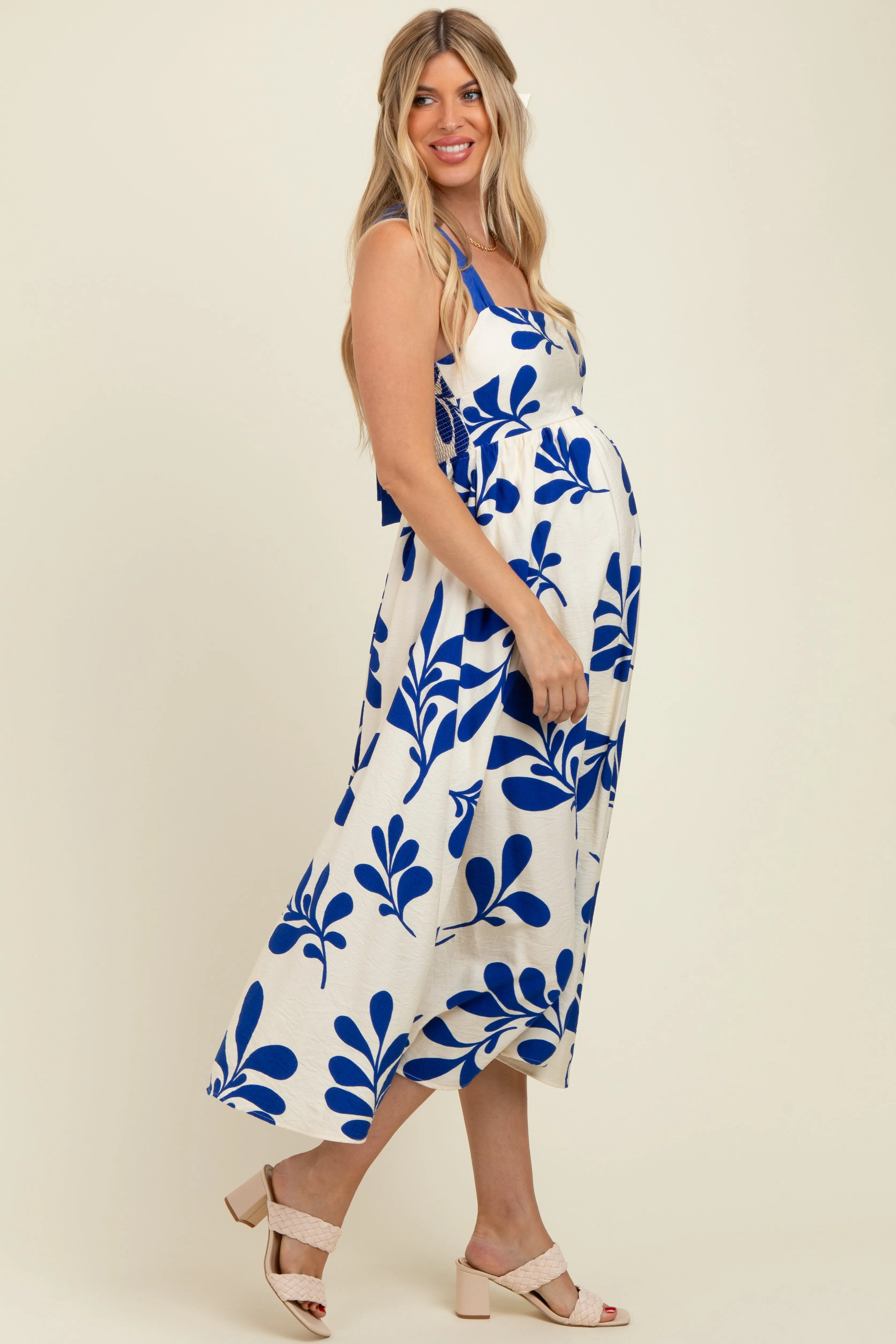 Royal Blue Leaf Print Tie Back Cutout Maternity Midi Dress sold by Pinkblush product image thumbnail 2