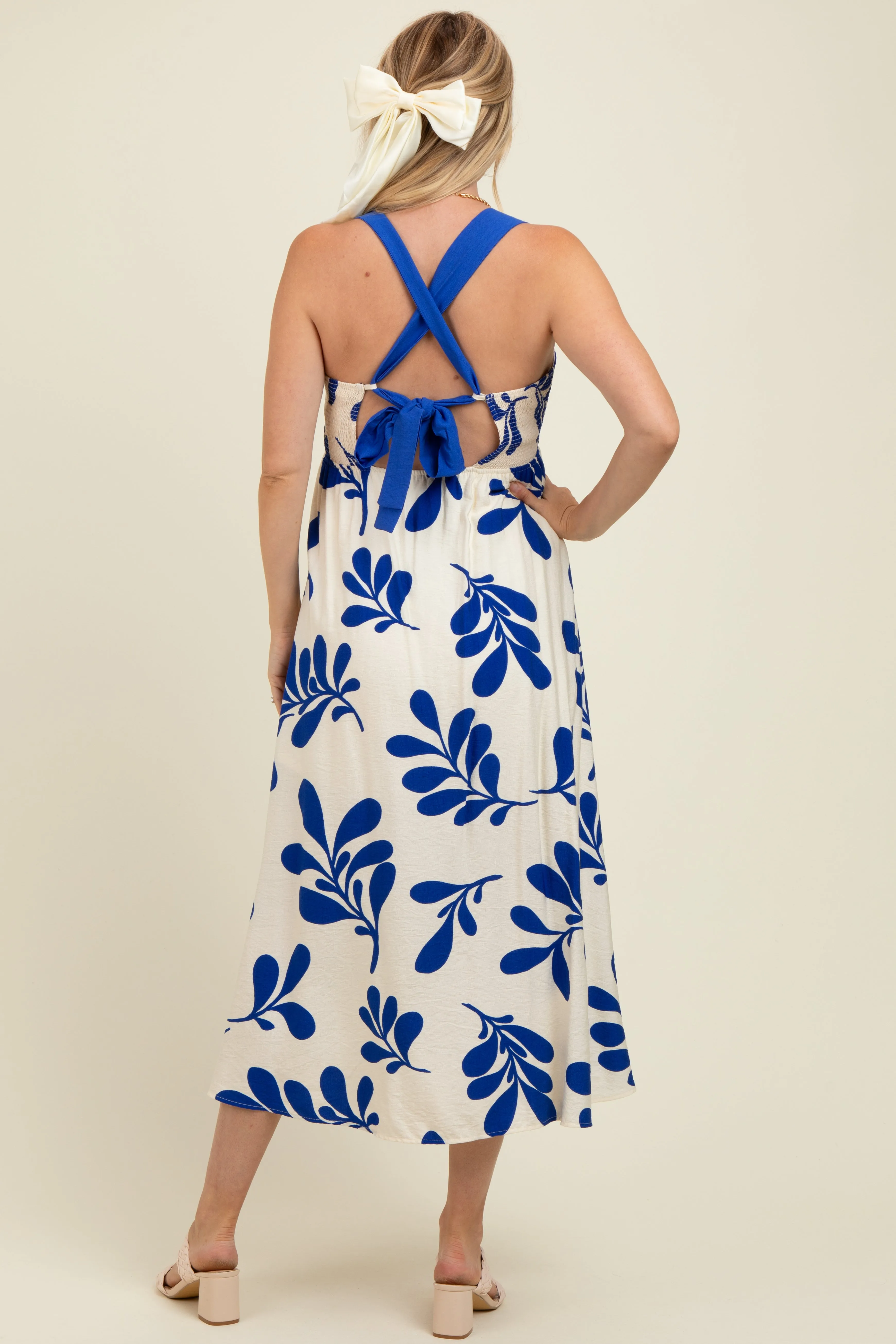 Royal Blue Leaf Print Tie Back Cutout Maternity Midi Dress sold by Pinkblush product image thumbnail 3