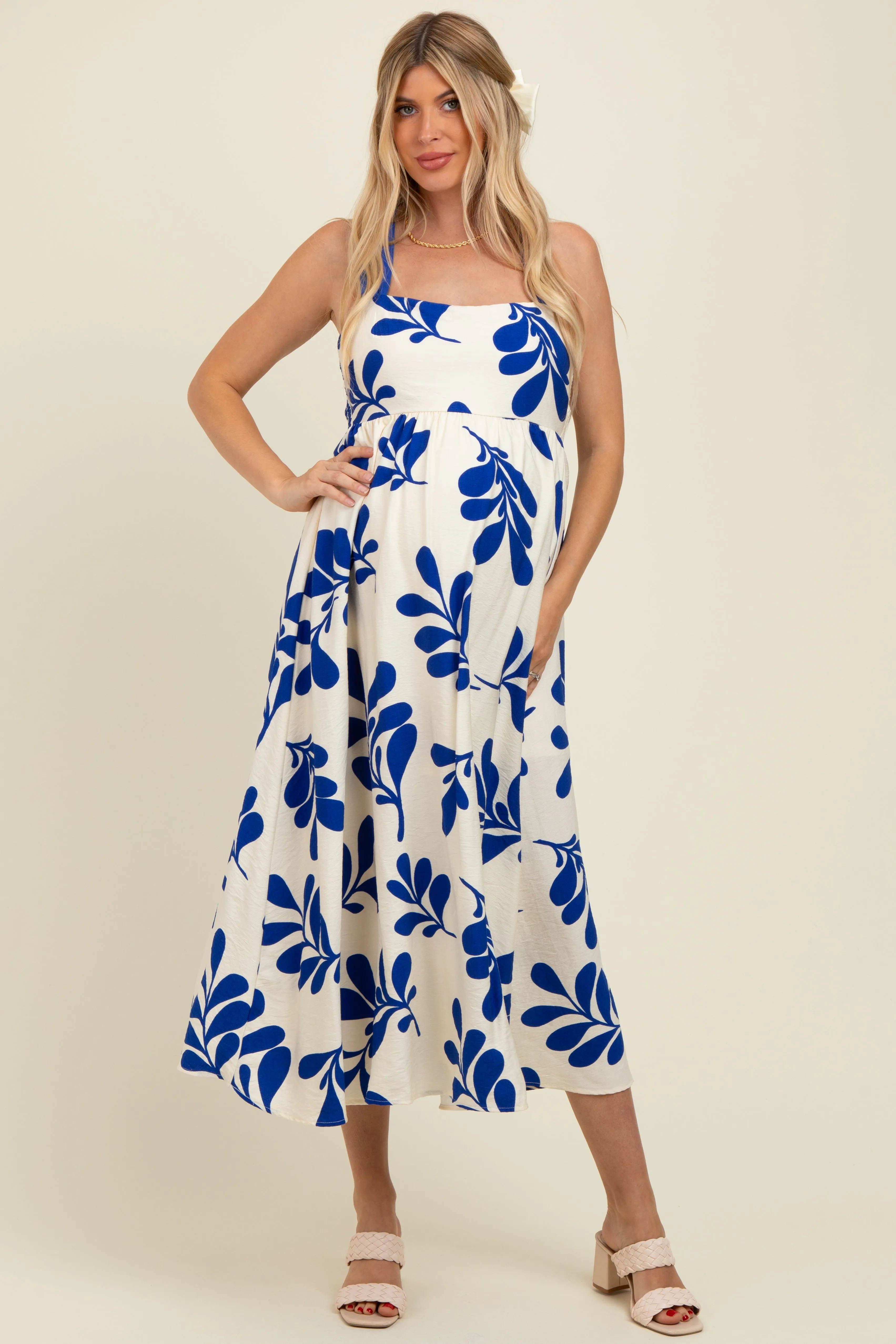 Royal Blue Leaf Print Tie Back Cutout Maternity Midi Dress sold by Pinkblush