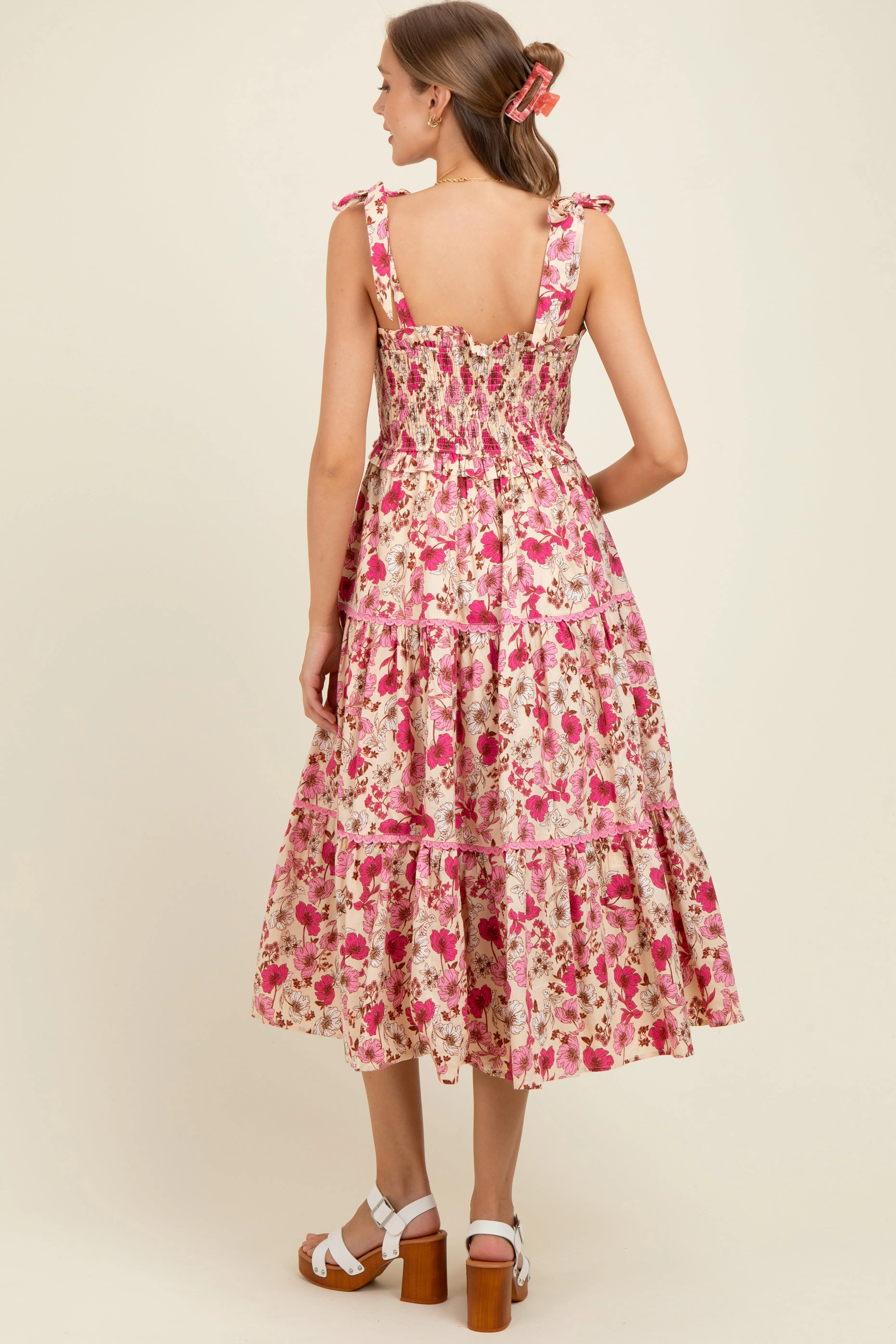 Pink Floral Smocked Ruffled Lace Trim Maternity Midi Dress sold by Pinkblush product image thumbnail 4