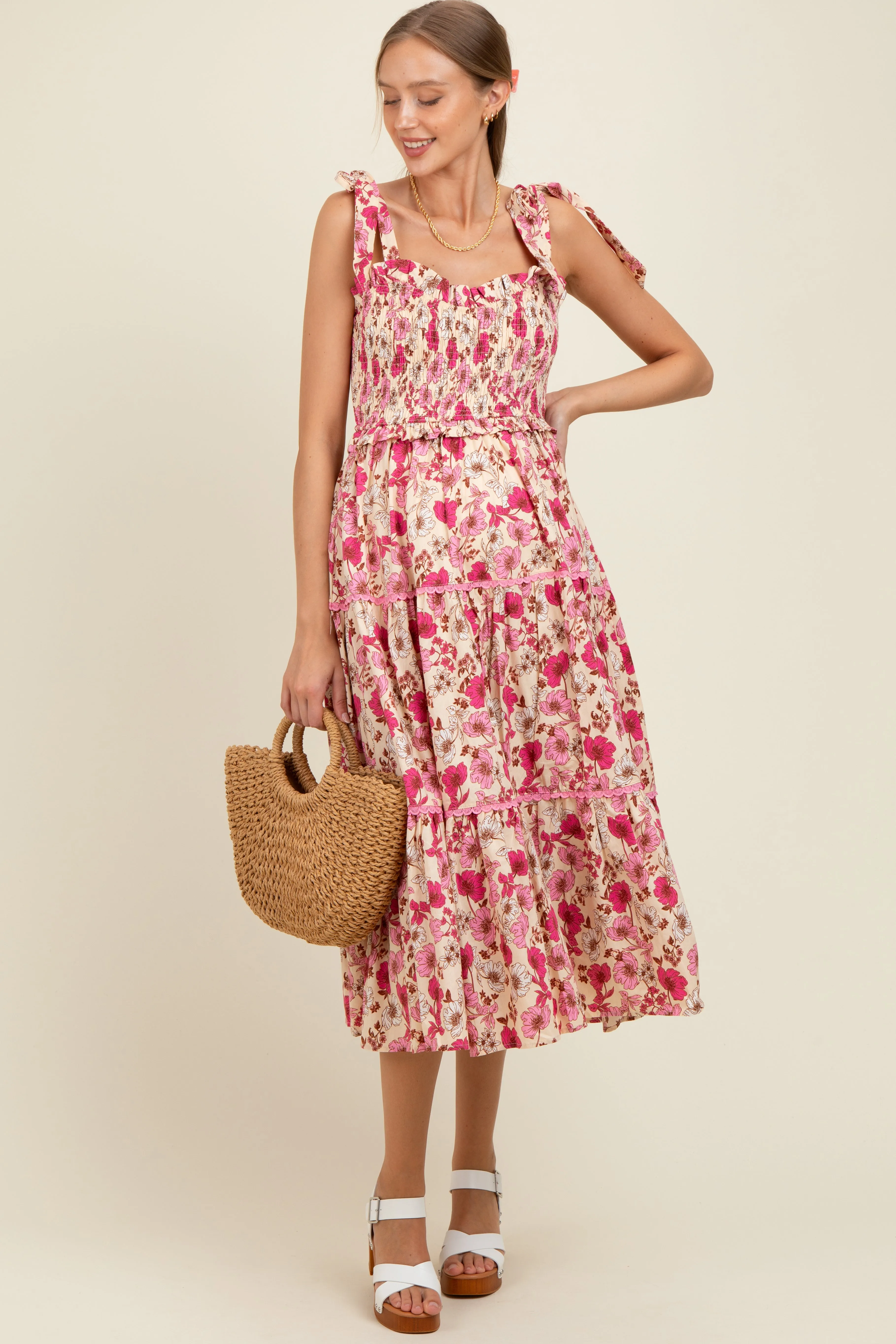 Pink Floral Smocked Ruffled Lace Trim Maternity Midi Dress sold by Pinkblush