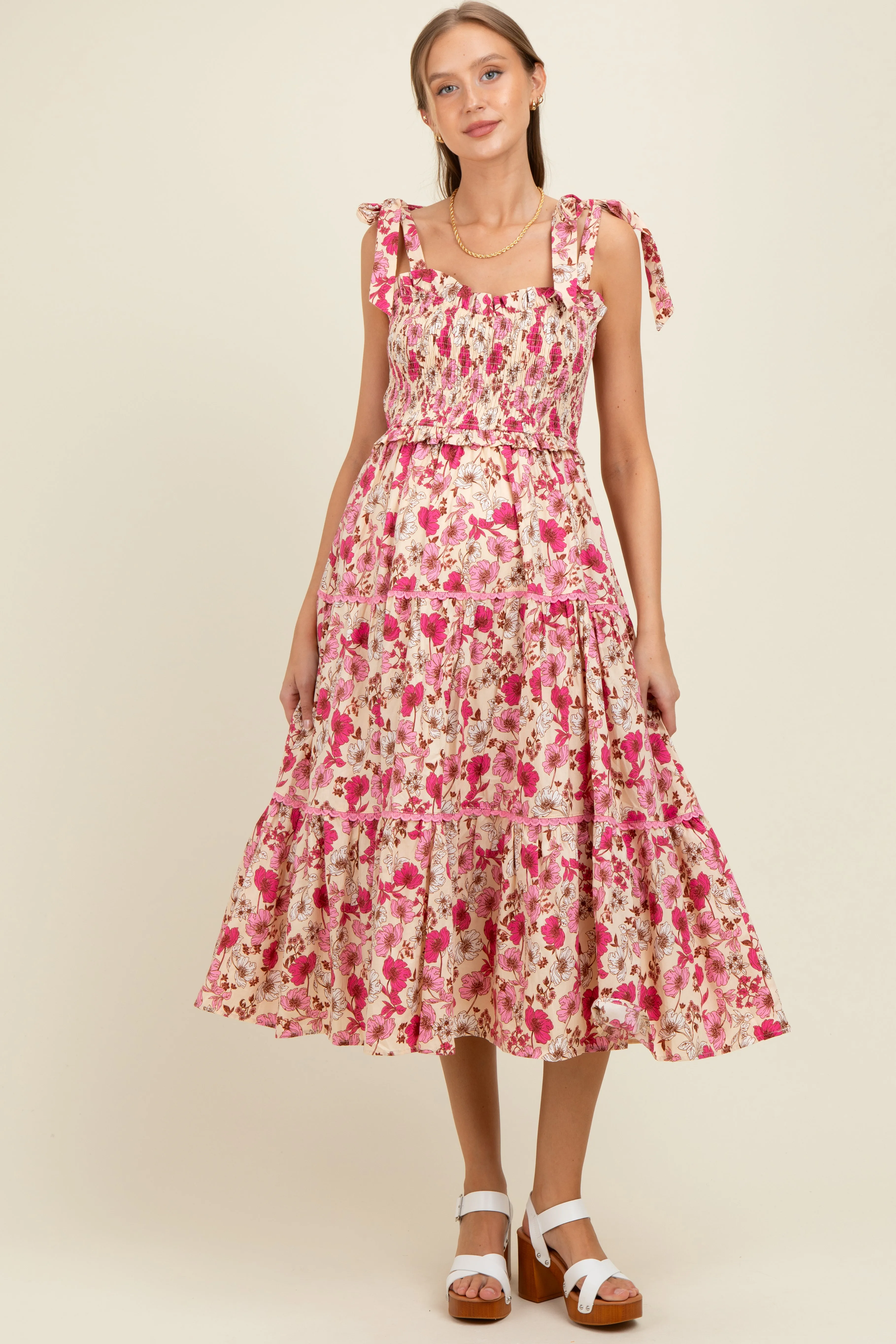 Pink Floral Smocked Ruffled Lace Trim Maternity Midi Dress sold by Pinkblush product image thumbnail 2