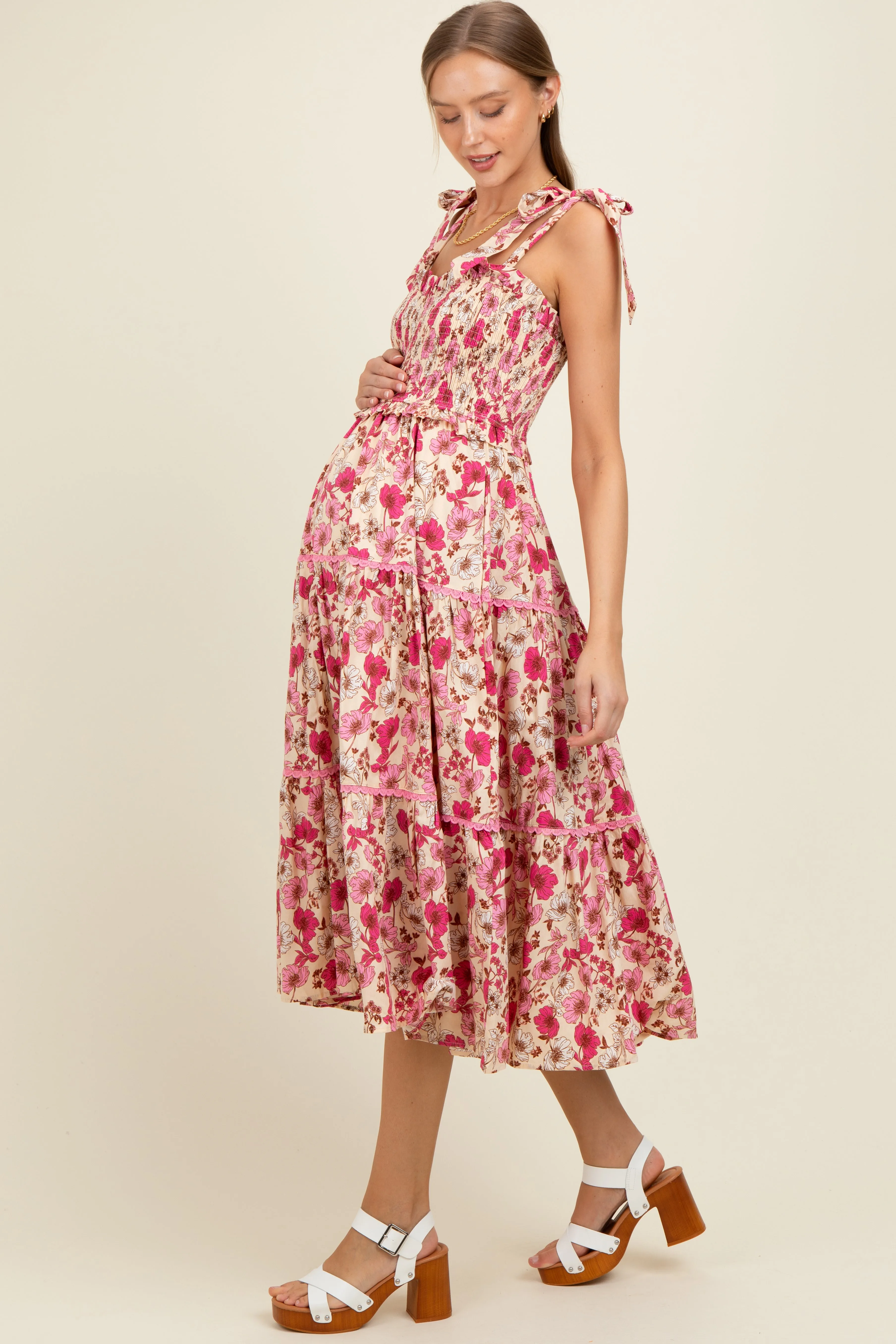 Pink Floral Smocked Ruffled Lace Trim Maternity Midi Dress sold by Pinkblush product image thumbnail 3