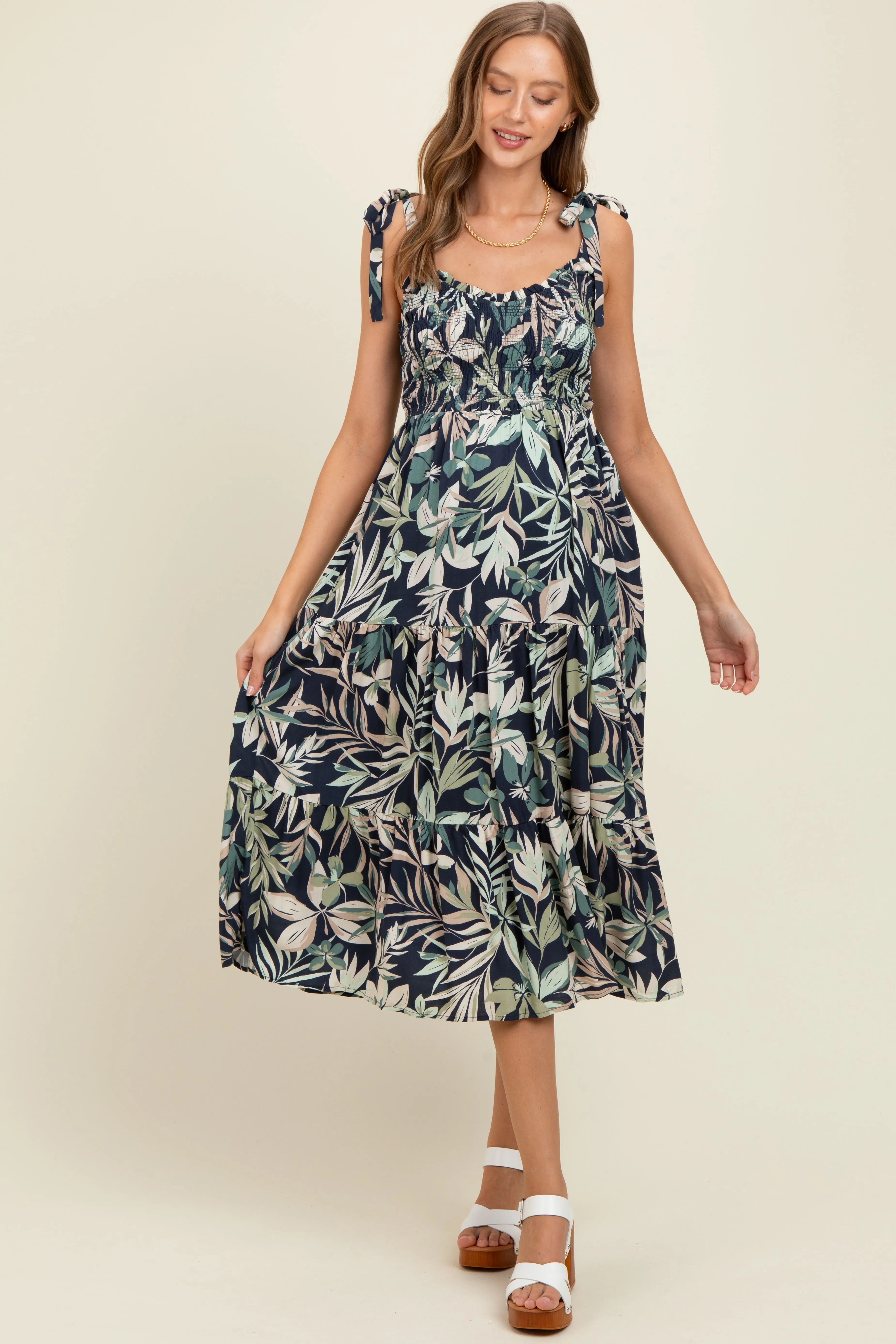 Navy Tropical Print Smocked Shoulder Tie Maternity Midi Dress sold by Pinkblush product image thumbnail 2