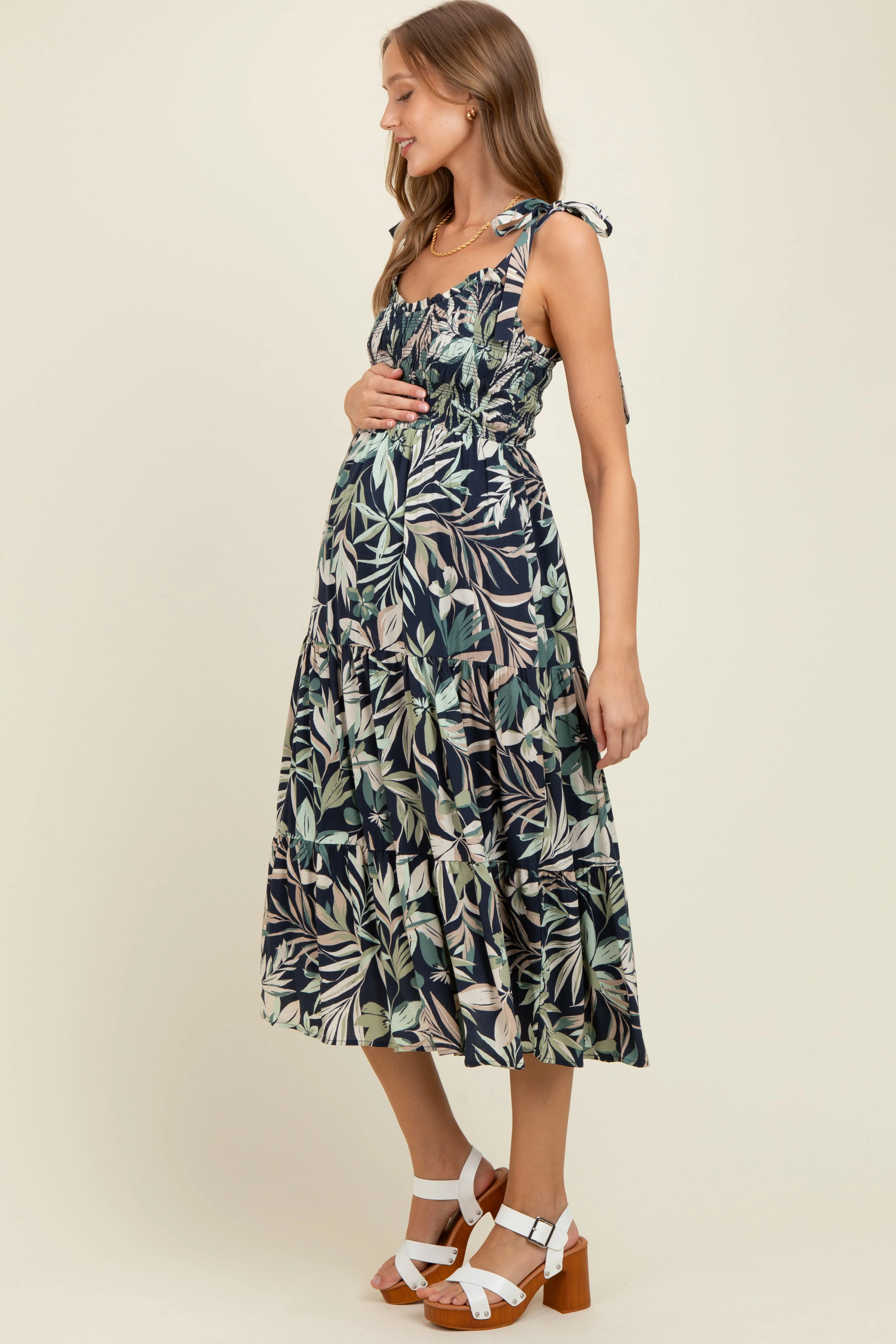 Navy Tropical Print Smocked Shoulder Tie Maternity Midi Dress sold by Pinkblush product image thumbnail 3
