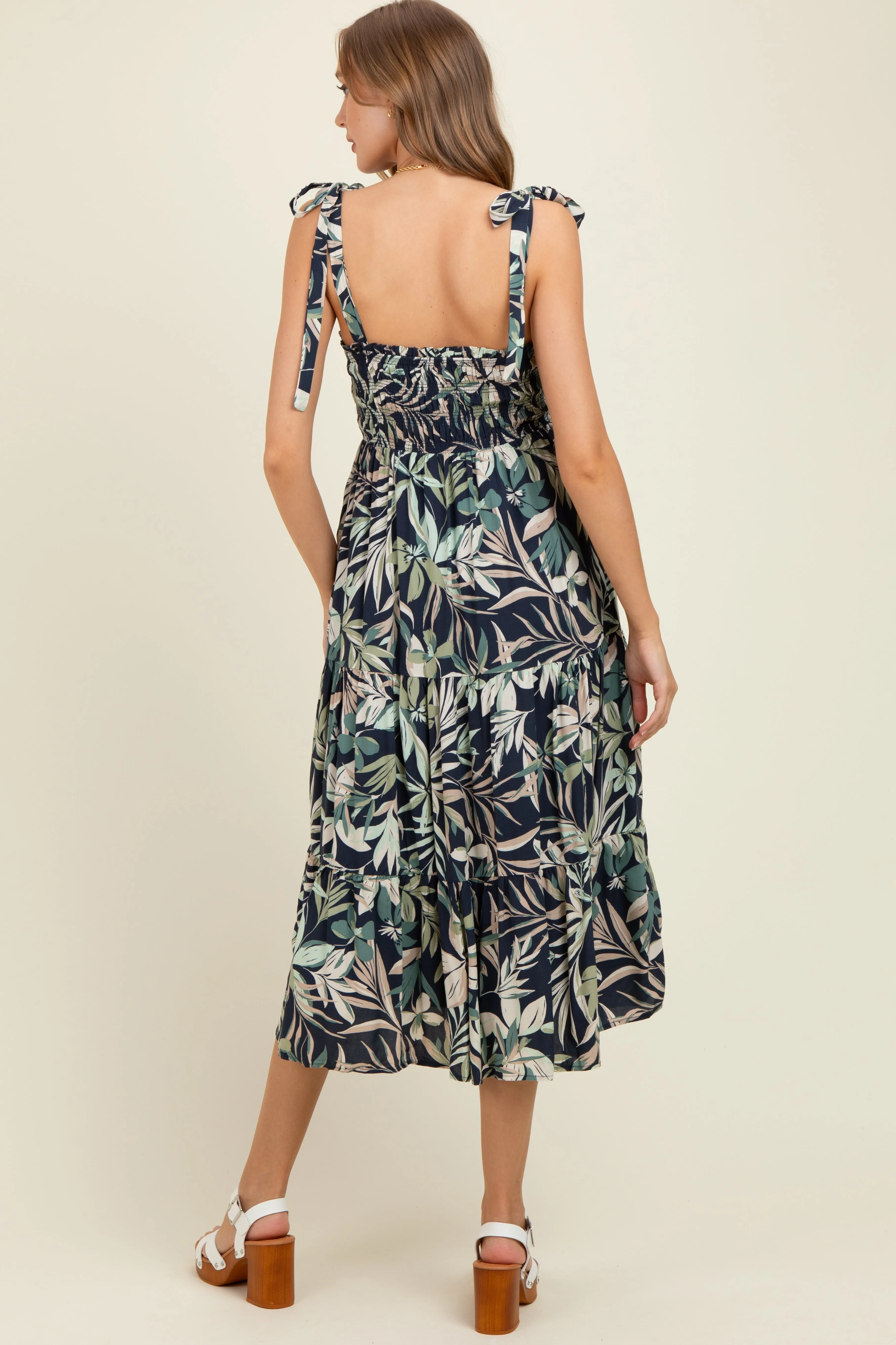 Navy Tropical Print Smocked Shoulder Tie Maternity Midi Dress sold by Pinkblush product image thumbnail 4