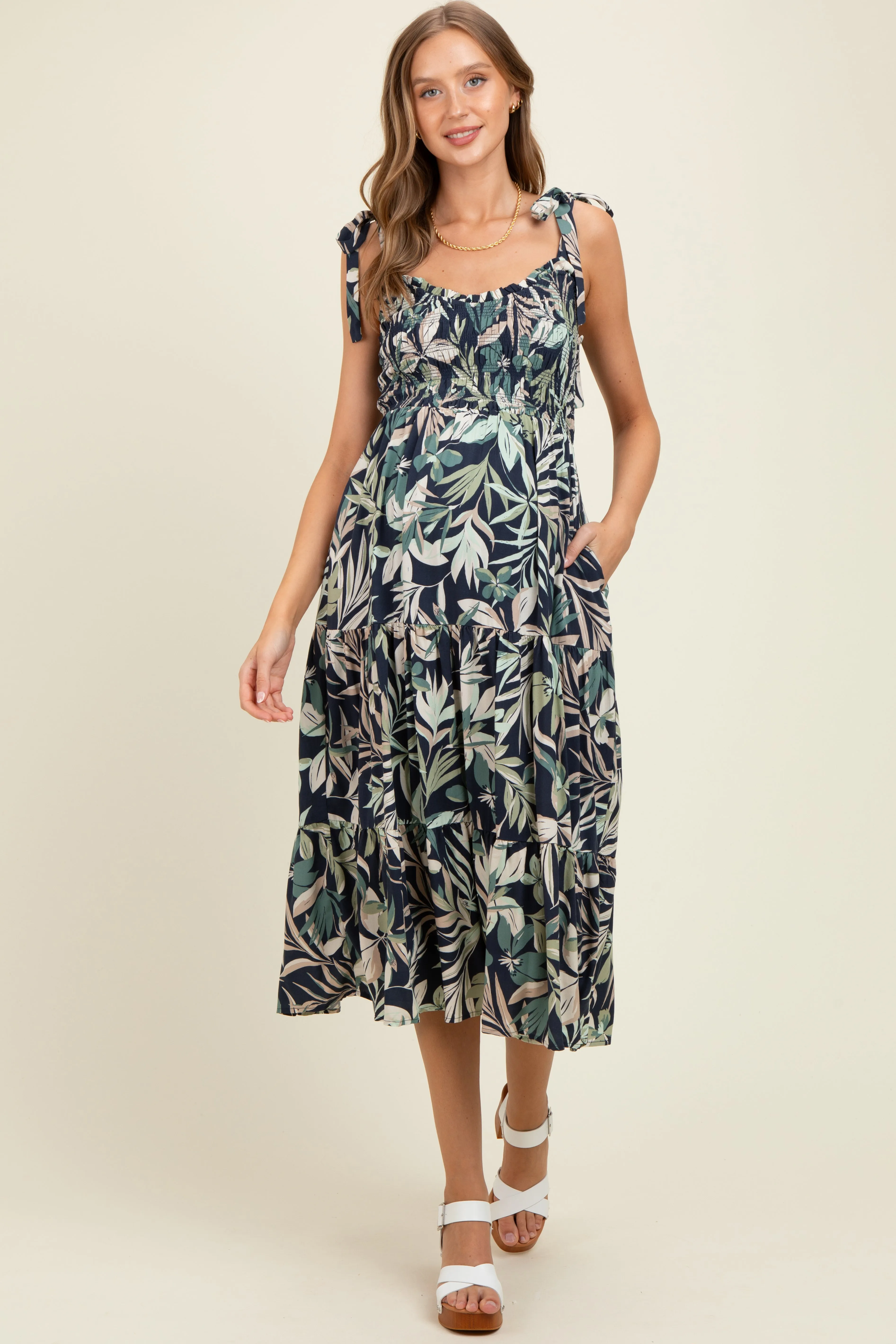 Navy Tropical Print Smocked Shoulder Tie Maternity Midi Dress sold by Pinkblush