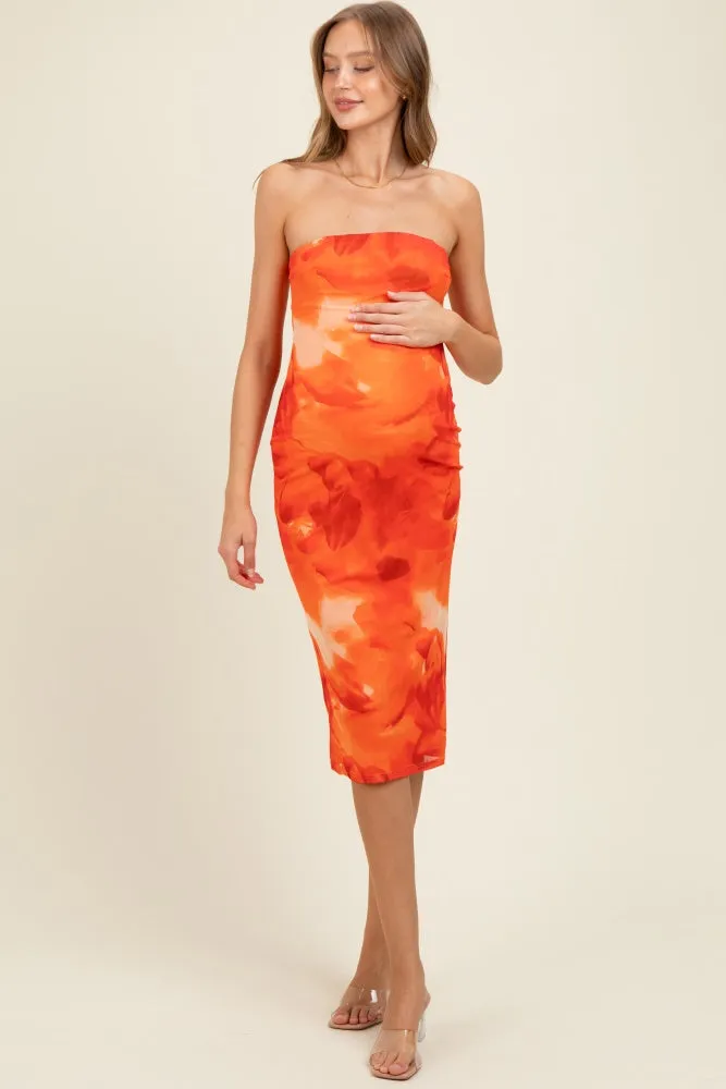 Orange Mesh Abstract Print Strapless Maternity Midi Dress sold by Pinkblush product image thumbnail 2