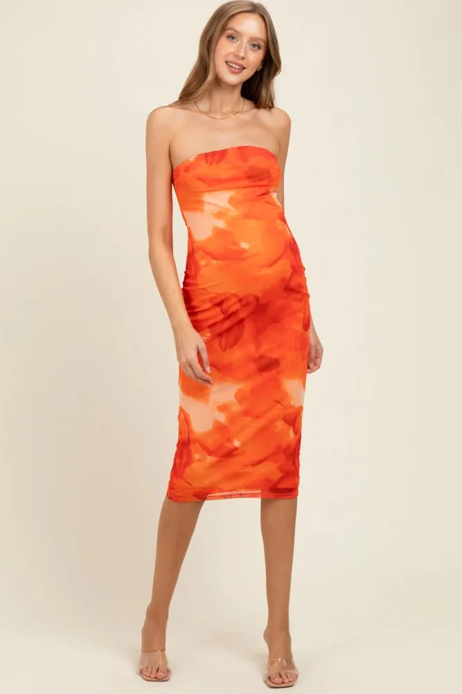 Orange Mesh Abstract Print Strapless Maternity Midi Dress sold by Pinkblush