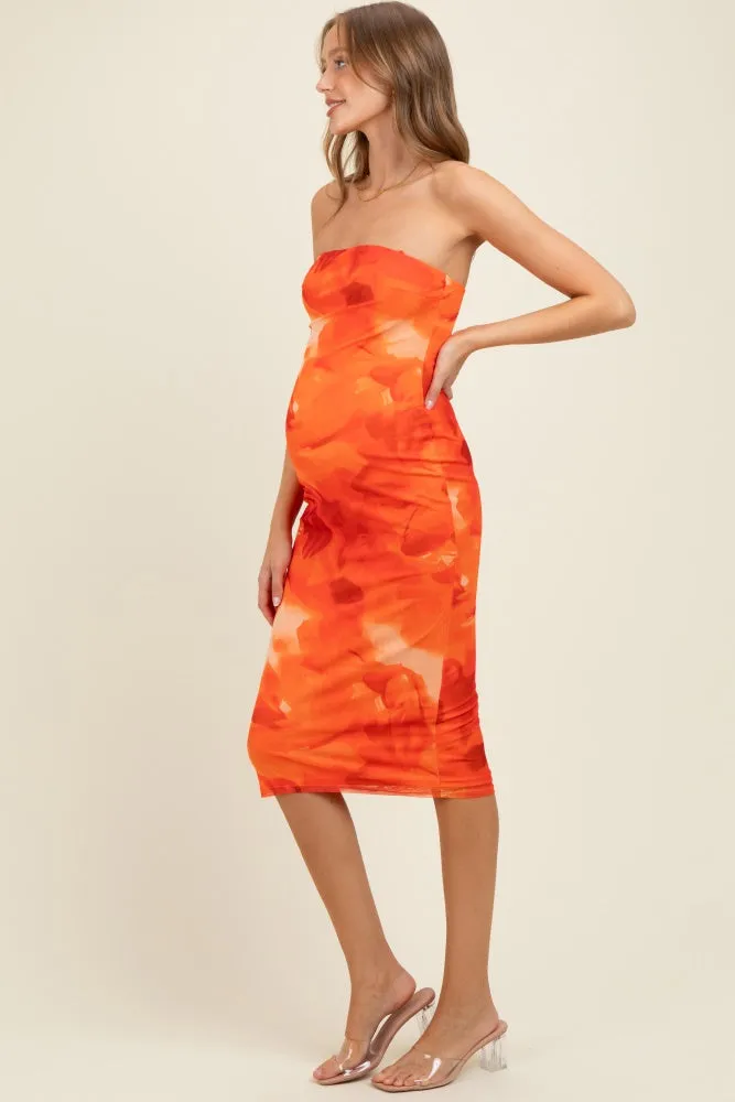 Orange Mesh Abstract Print Strapless Maternity Midi Dress sold by Pinkblush product image thumbnail 3