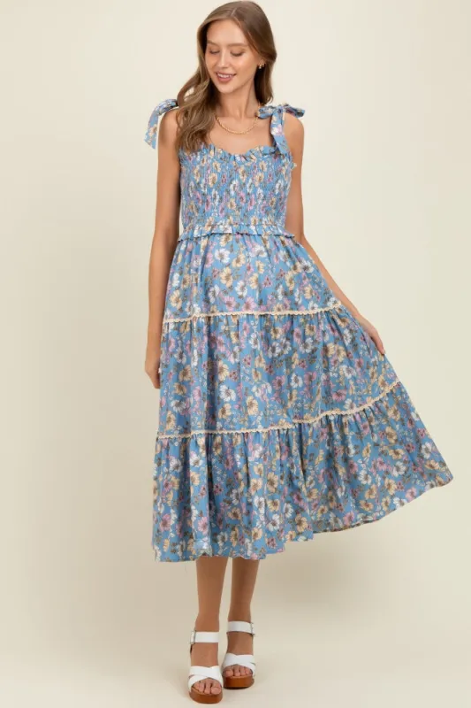 Denim Floral Smocked Ruffled Lace Trim Maternity Midi Dress sold by Pinkblush
