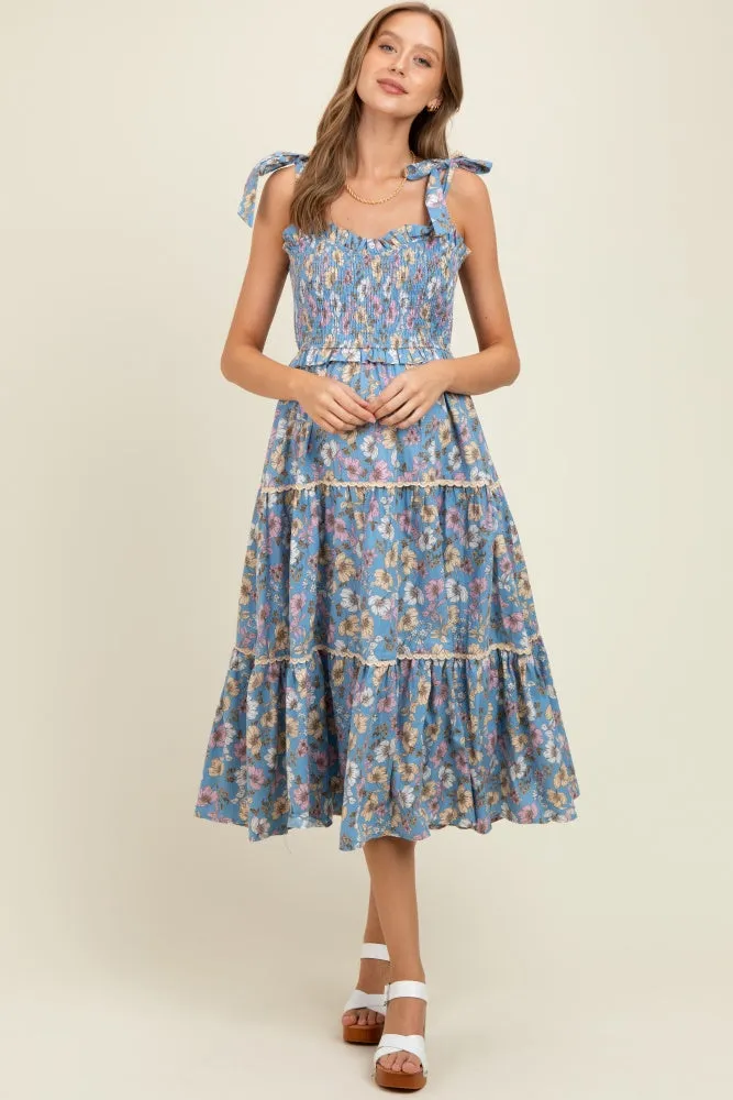 Denim Floral Smocked Ruffled Lace Trim Maternity Midi Dress sold by Pinkblush product image thumbnail 2