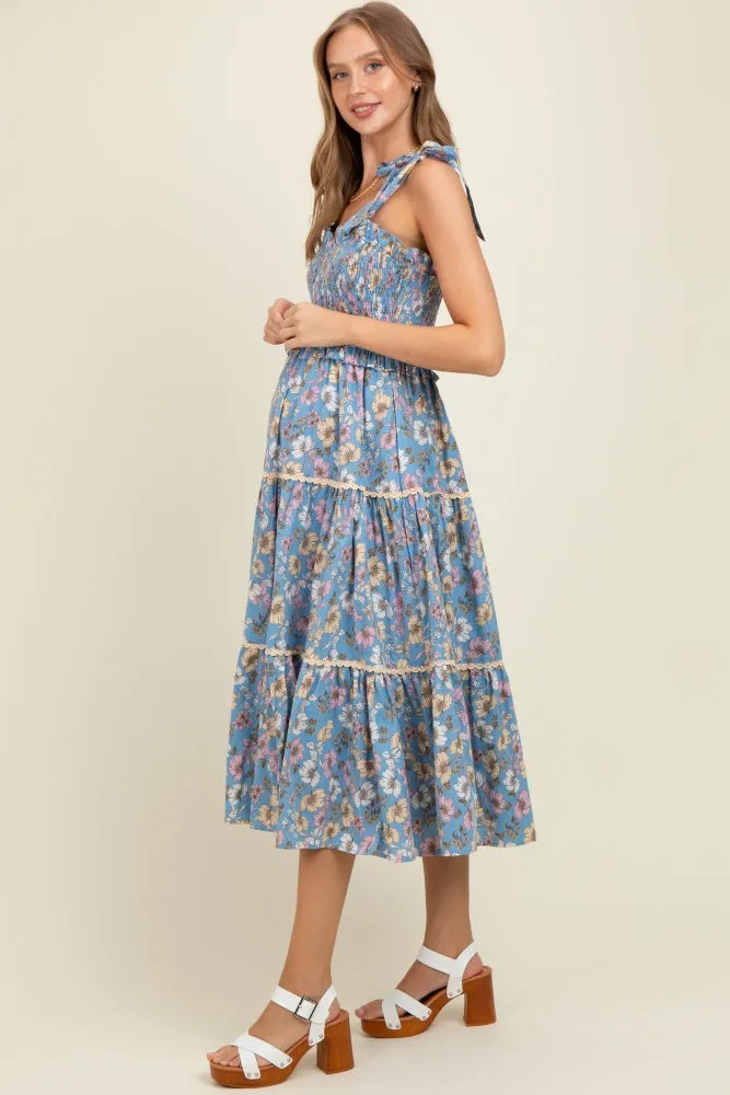 Denim Floral Smocked Ruffled Lace Trim Maternity Midi Dress sold by Pinkblush product image thumbnail 3