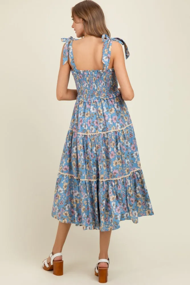 Denim Floral Smocked Ruffled Lace Trim Maternity Midi Dress sold by Pinkblush product image thumbnail 4