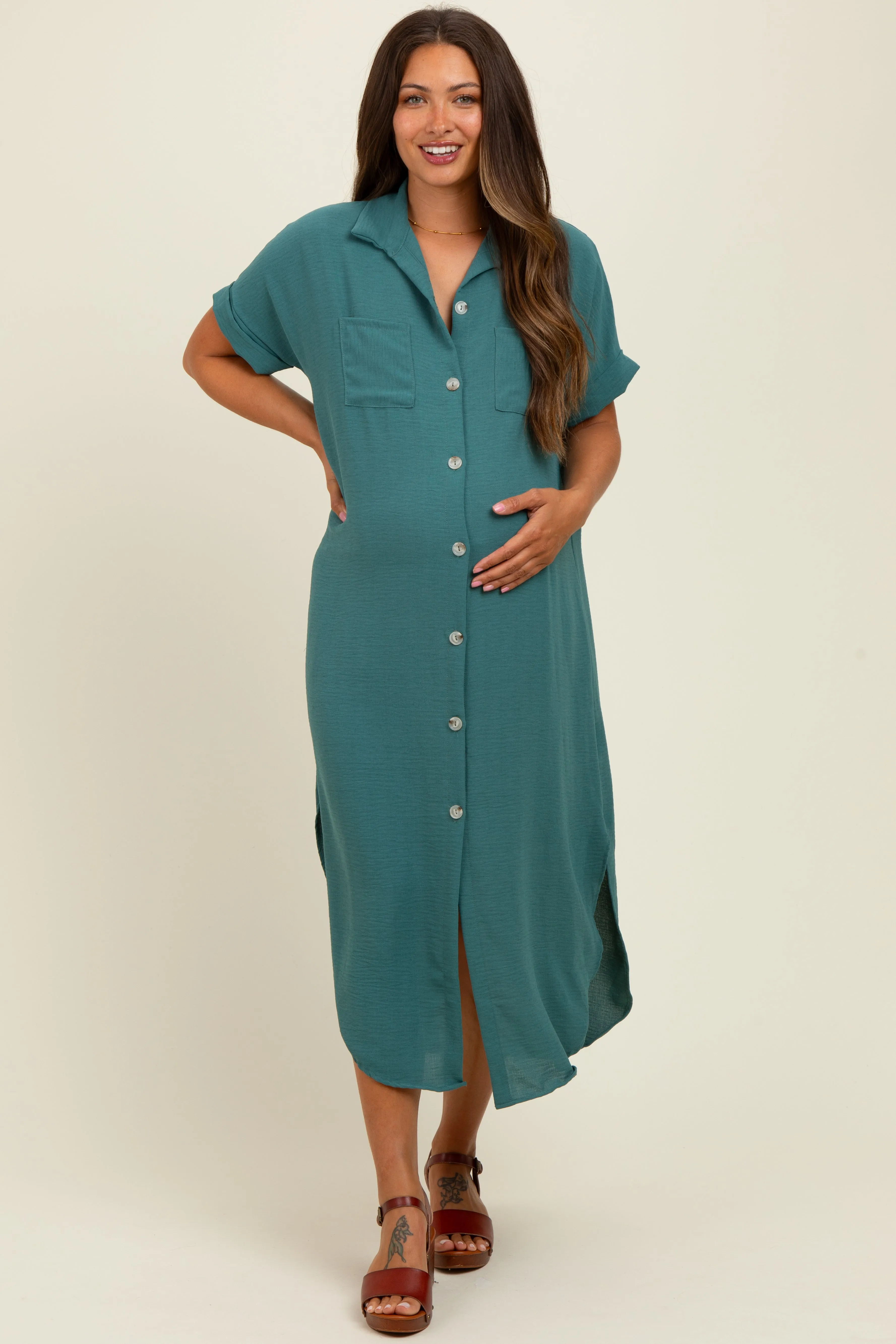 Teal Button Down Hi Low Maternity Maxi Dress sold by Pinkblush